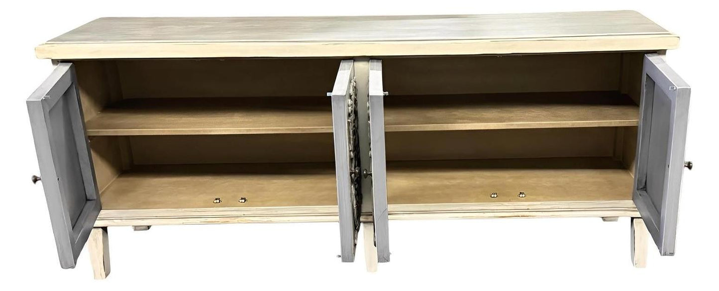Dole Buffet Table, Distressed White And Gray, Ornate Hand Carved Front Panels With Cabinet Doors