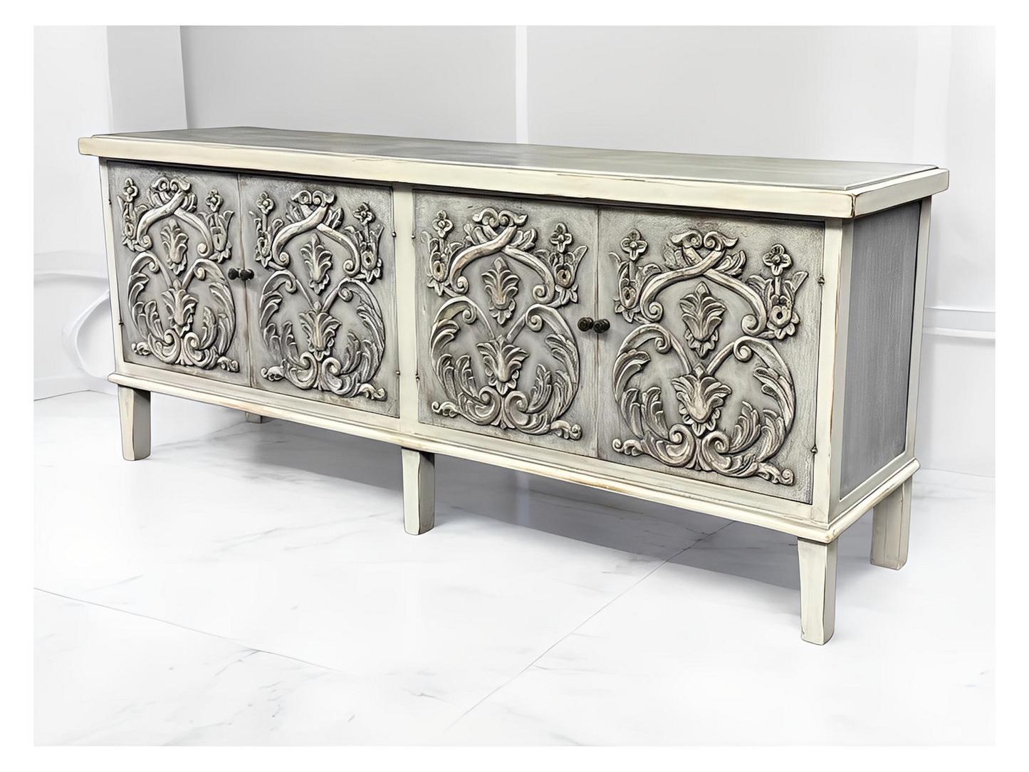 Dole Buffet Table, Distressed White And Gray, Ornate Hand Carved Front Panels With Cabinet Doors