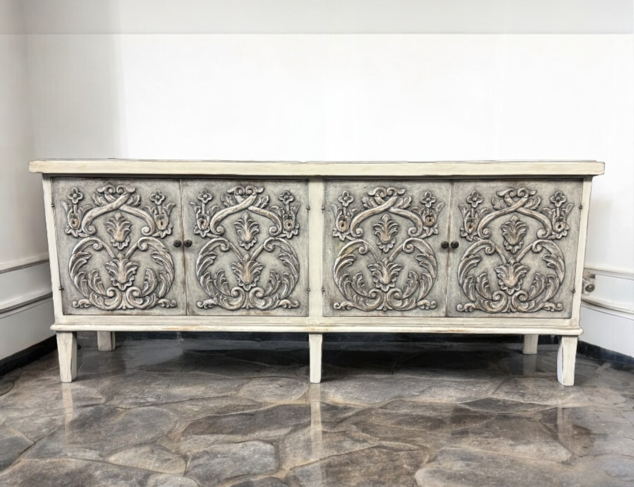 Dole Buffet Table, Distressed White And Gray, Ornate Hand Carved Front Panels With Cabinet Doors