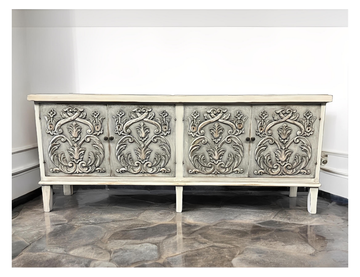 Dole Buffet Table, Distressed White And Gray, Ornate Hand Carved Front Panels With Cabinet Doors