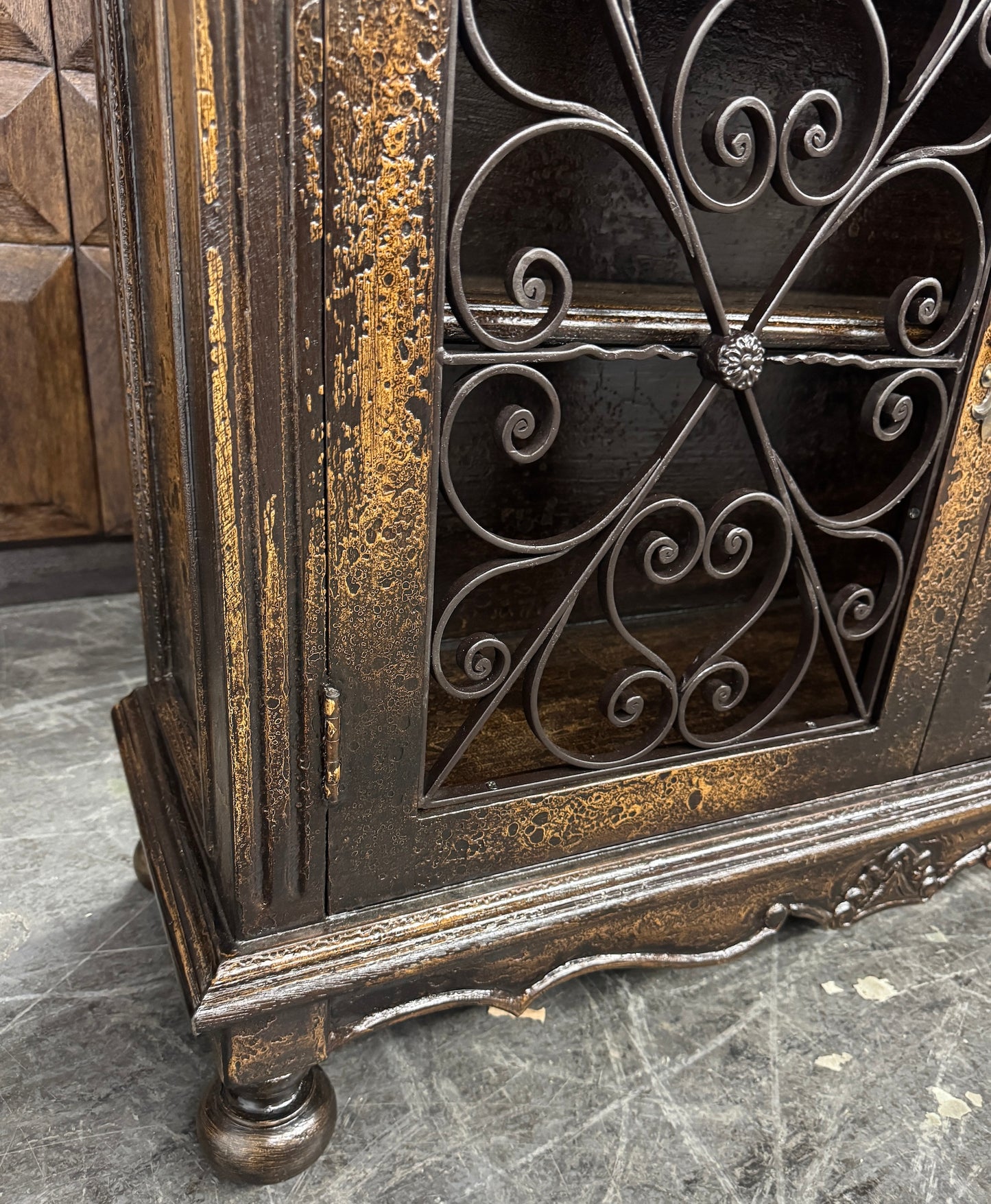 Eymet Chest, Antique Black With Gold Finish, Ornate Rosette Medallion And Wrought Iron Scrollwork