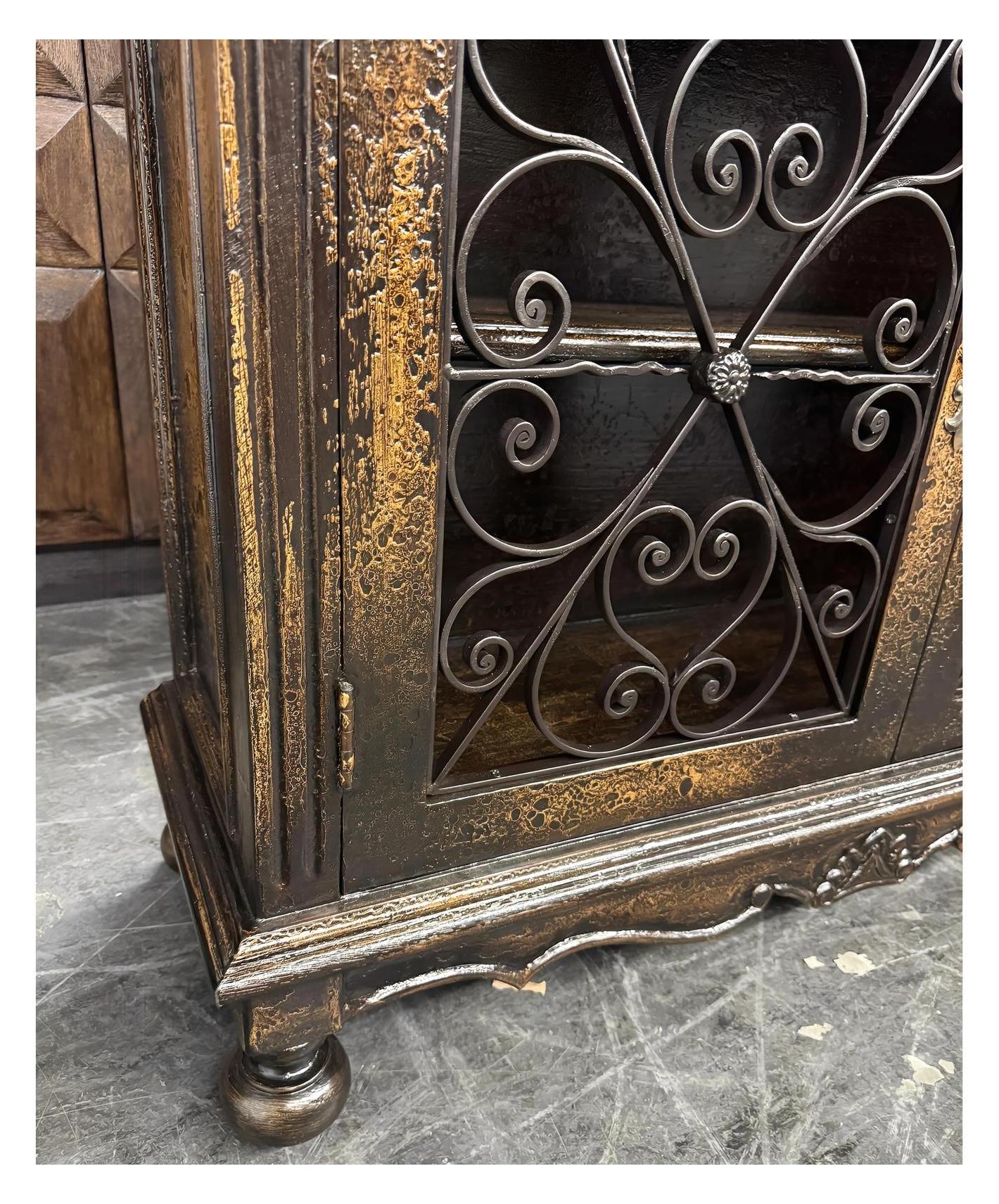 Eymet Chest, Antique Black With Gold Finish, Ornate Rosette Medallion And Wrought Iron Scrollwork