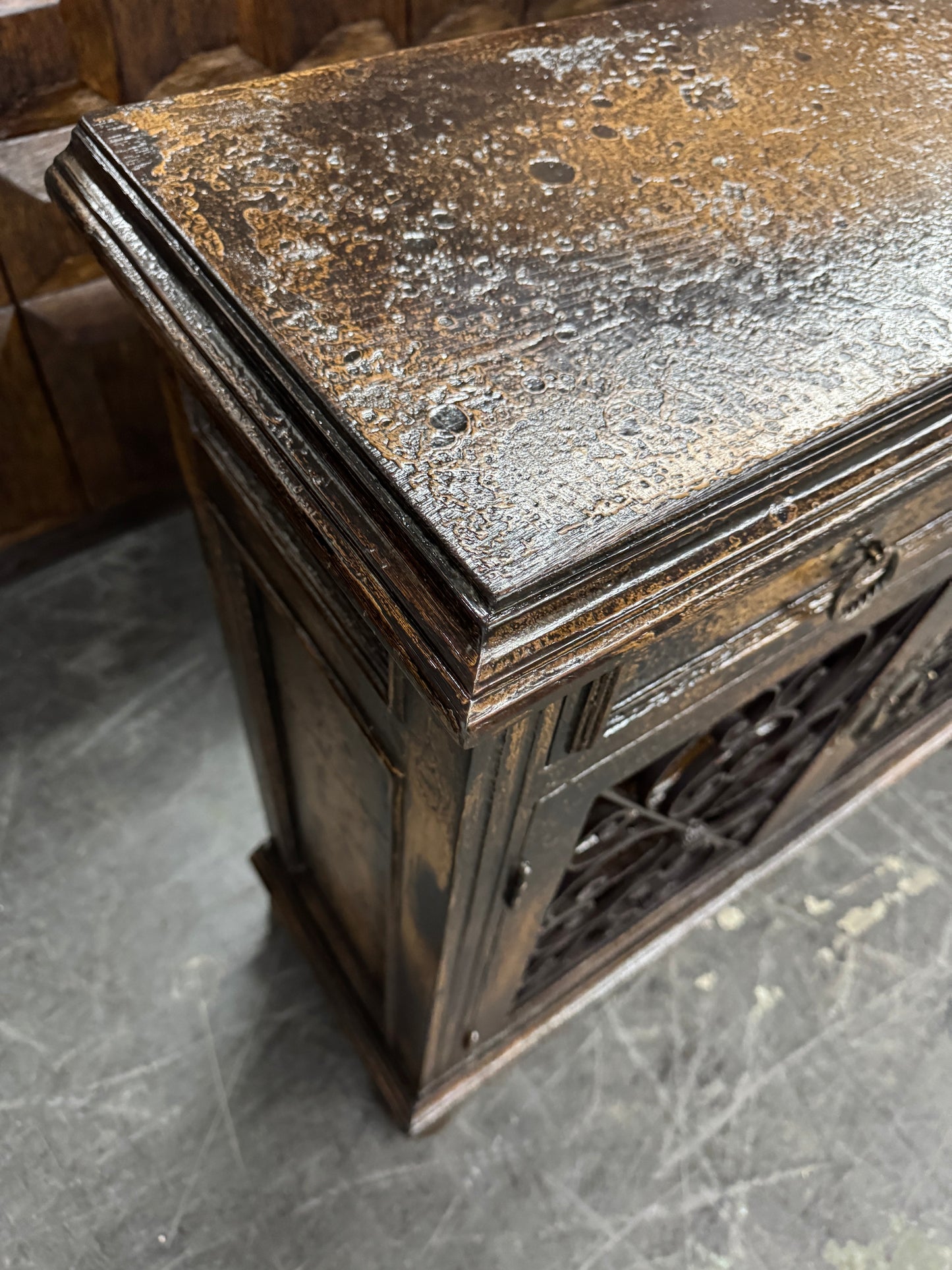 Eymet Chest, Antique Black With Gold Finish, Ornate Rosette Medallion And Wrought Iron Scrollwork