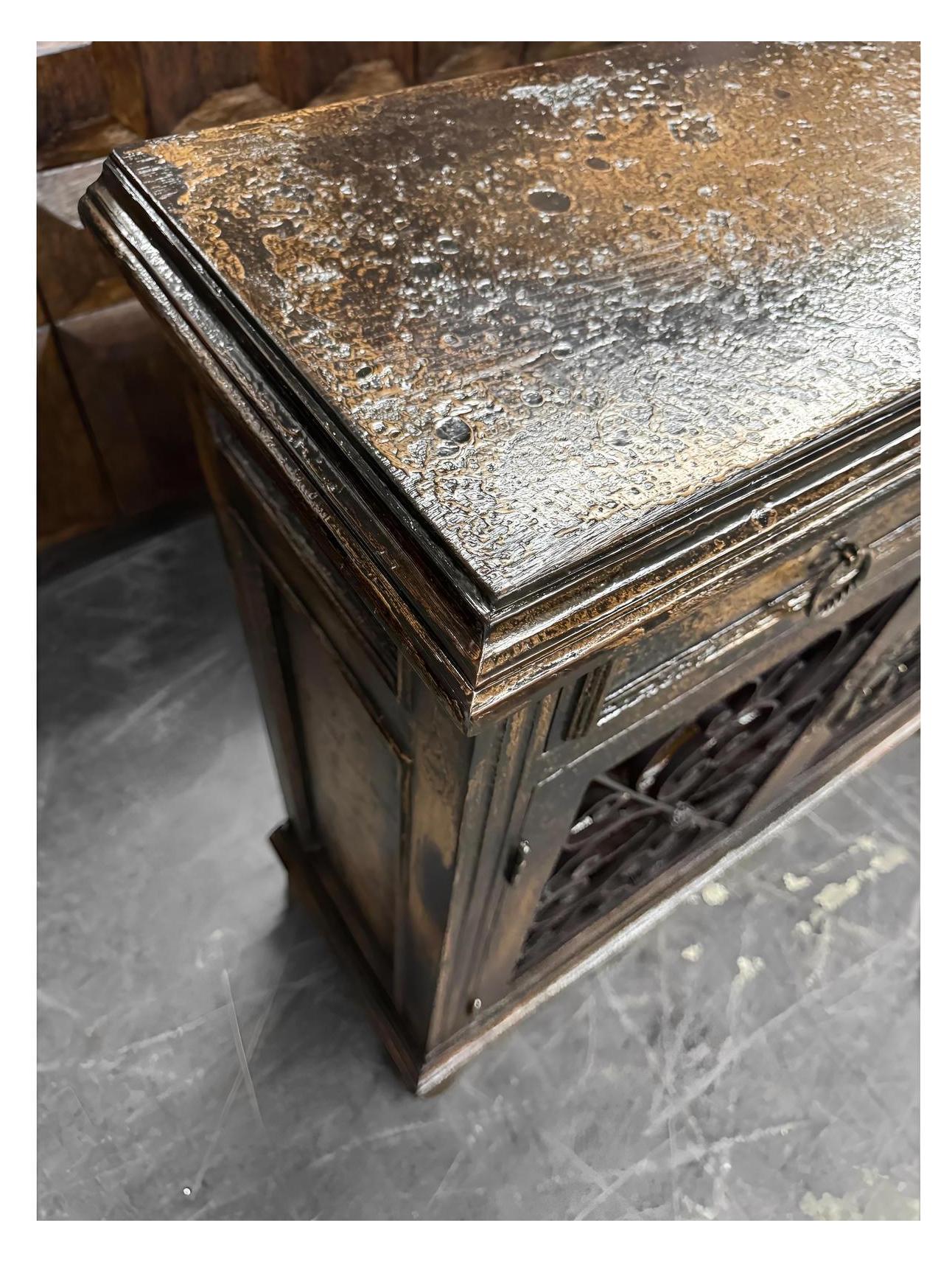 Eymet Chest, Antique Black With Gold Finish, Ornate Rosette Medallion And Wrought Iron Scrollwork