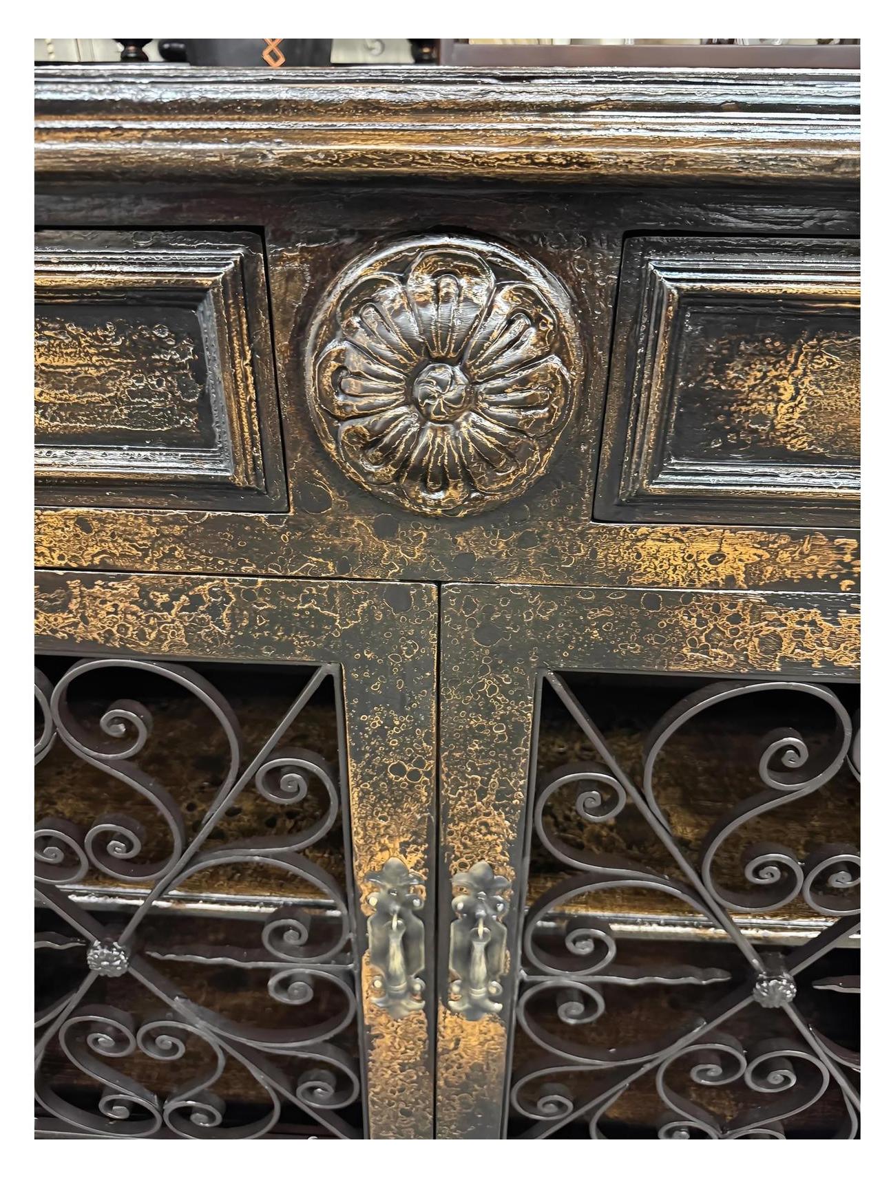 Eymet Chest, Antique Black With Gold Finish, Ornate Rosette Medallion And Wrought Iron Scrollwork