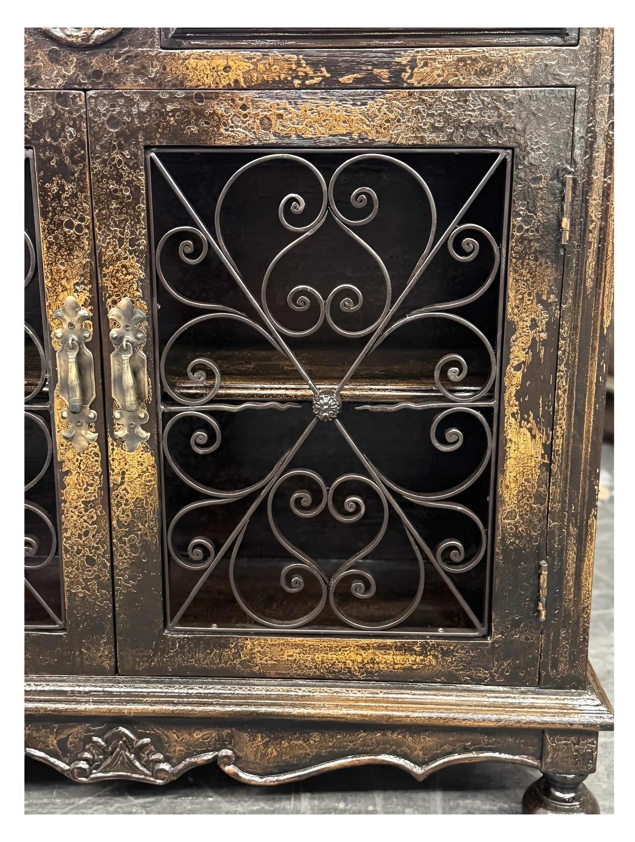 Eymet Chest, Antique Black With Gold Finish, Ornate Rosette Medallion And Wrought Iron Scrollwork