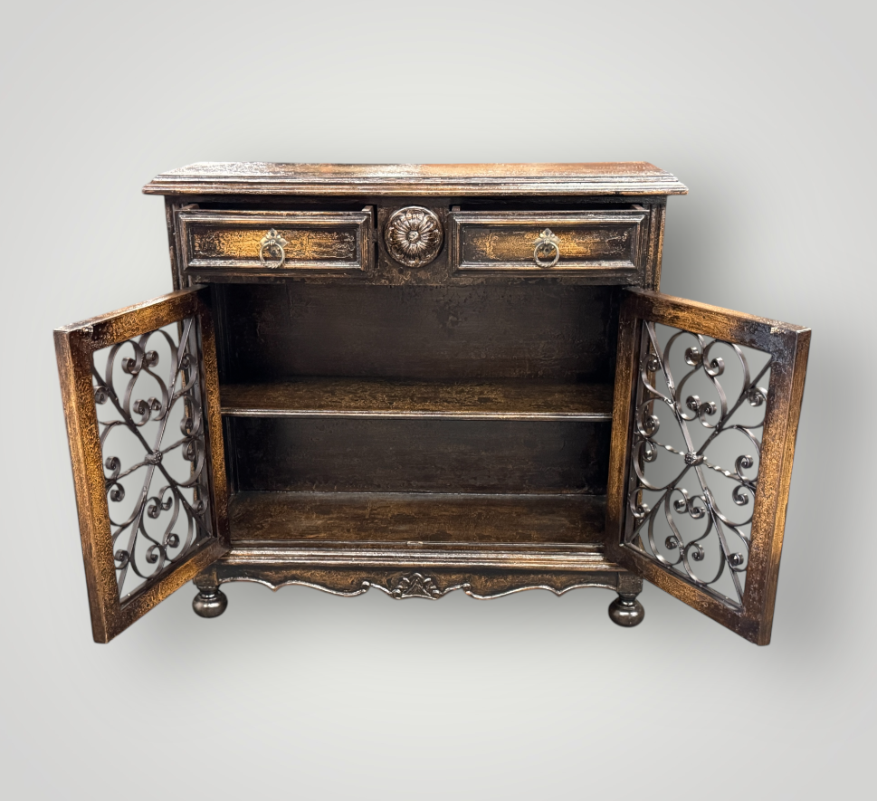 Eymet Chest, Antique Black With Gold Finish, Ornate Rosette Medallion And Wrought Iron Scrollwork