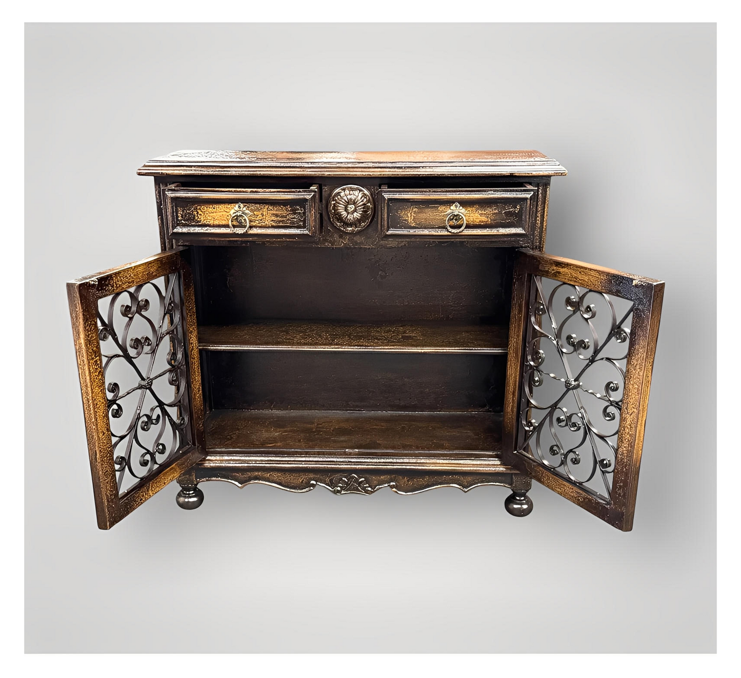 Eymet Chest, Antique Black With Gold Finish, Ornate Rosette Medallion And Wrought Iron Scrollwork
