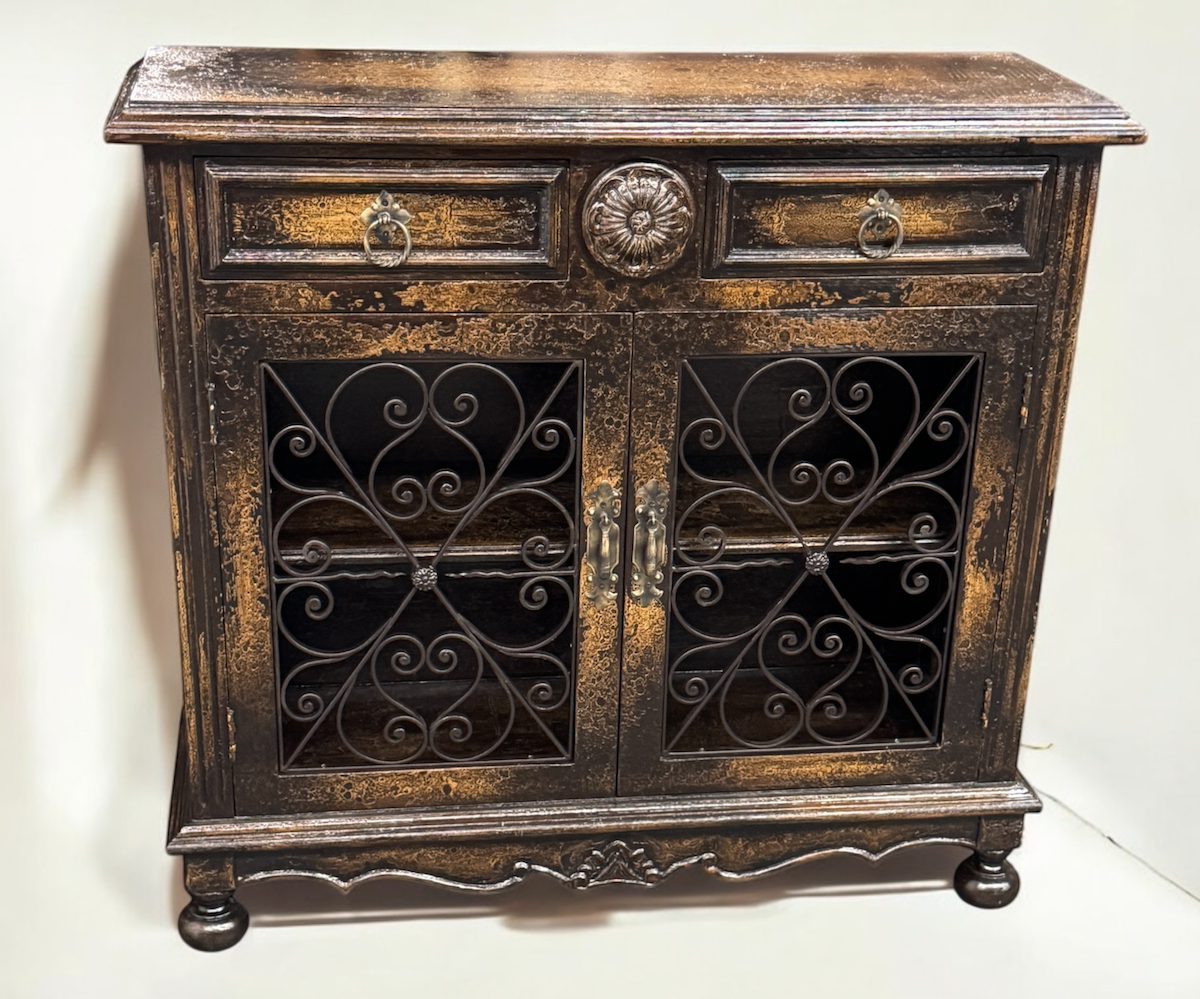 Eymet Chest, Antique Black With Gold Finish, Ornate Rosette Medallion And Wrought Iron Scrollwork