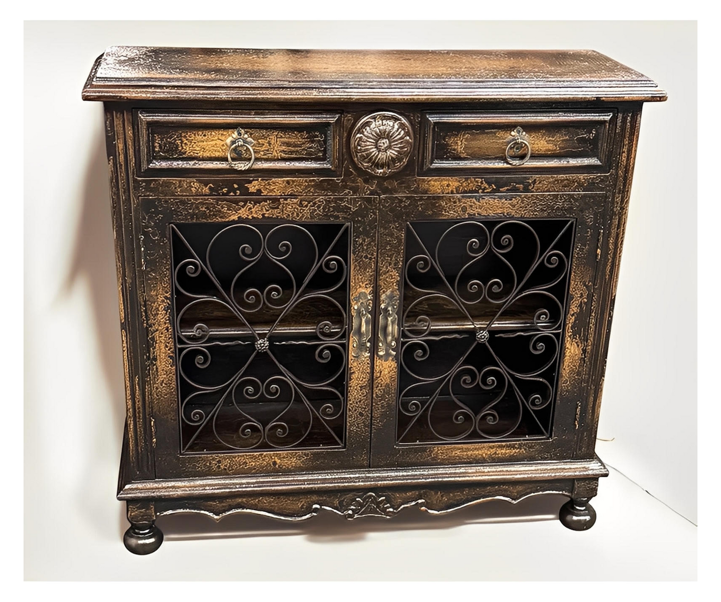 Eymet Chest, Antique Black With Gold Finish, Ornate Rosette Medallion And Wrought Iron Scrollwork