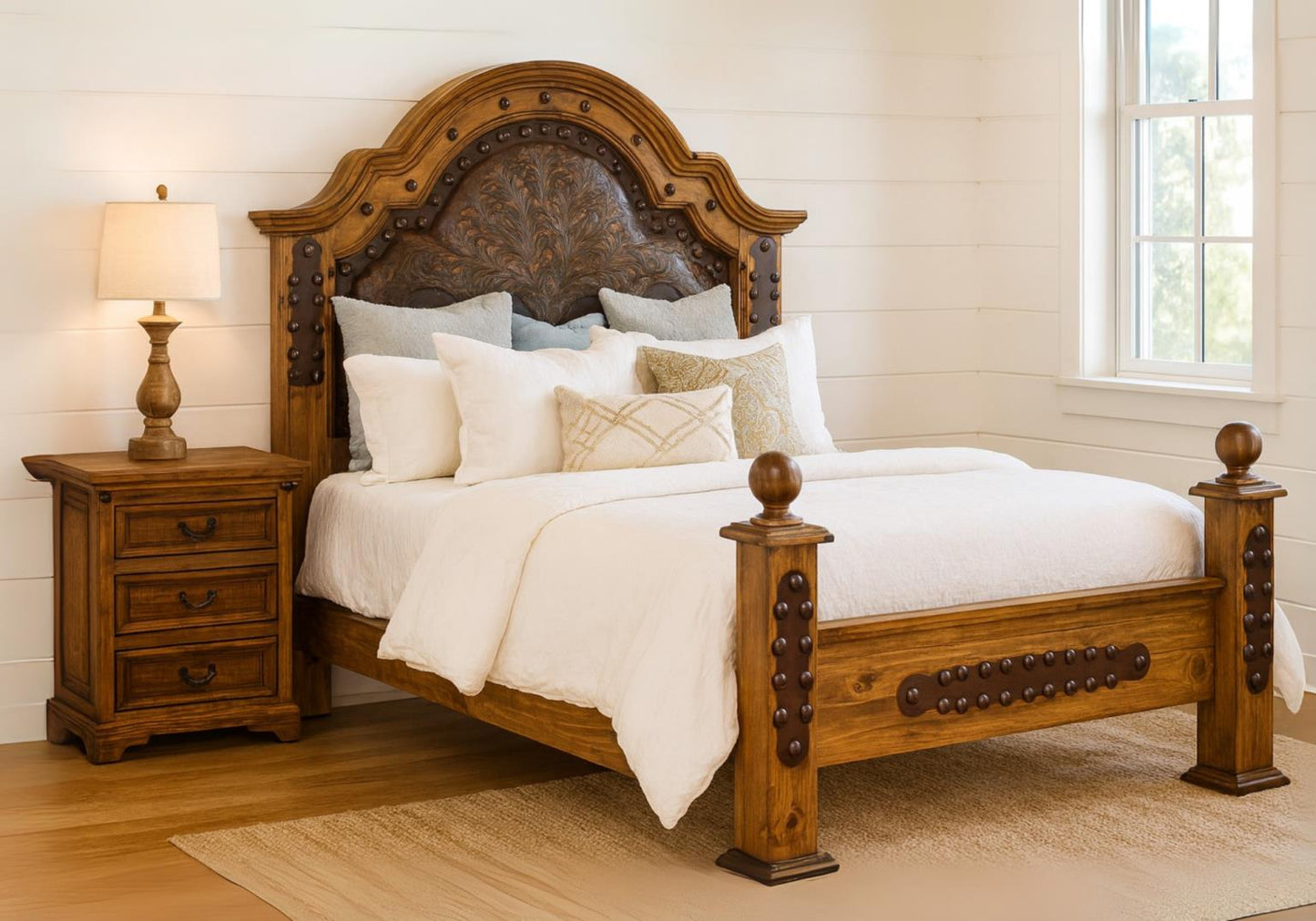 Canyon Spur Rustic Honey Oak Wood Bed With Leather & Studded Posts - Includes Full Service Delivery