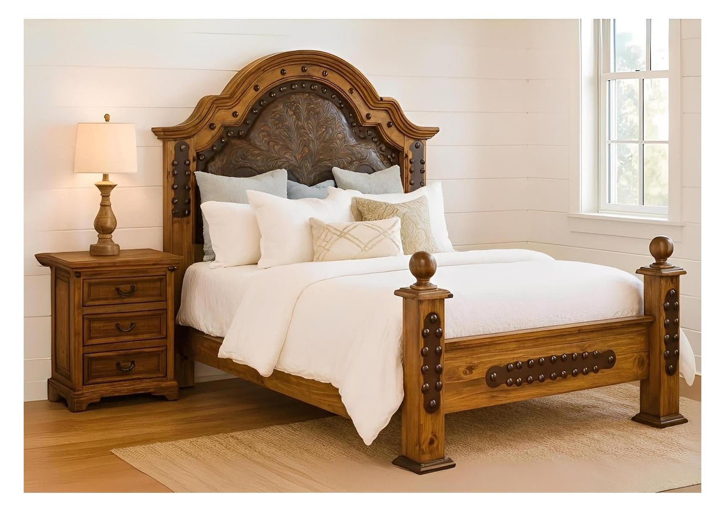 Canyon Spur Rustic Honey Oak Wood Bed With Leather & Studded Posts - Includes Full Service Delivery