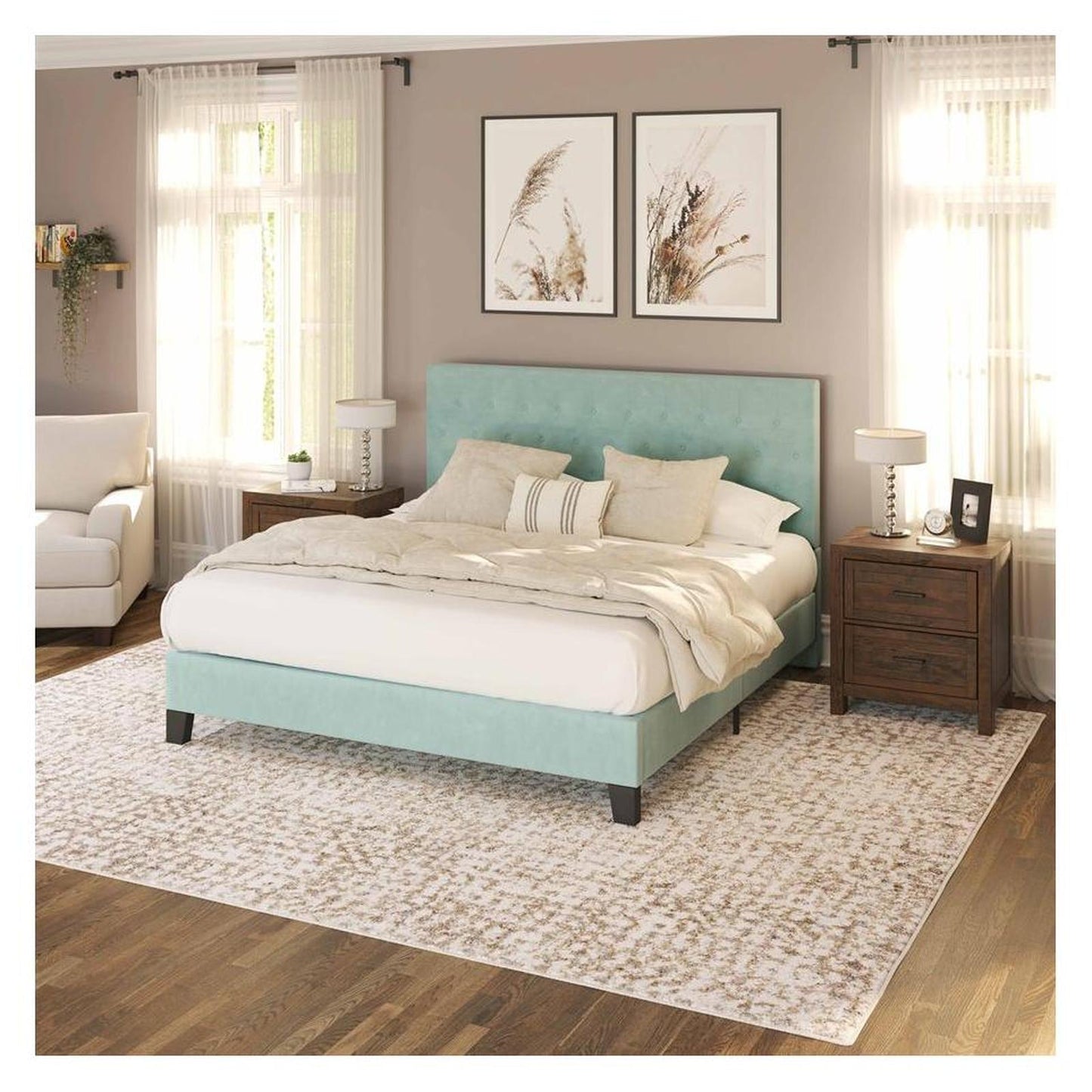 Complete Upholstered King Bed; Turquoise; Luxurious; Button Tufts