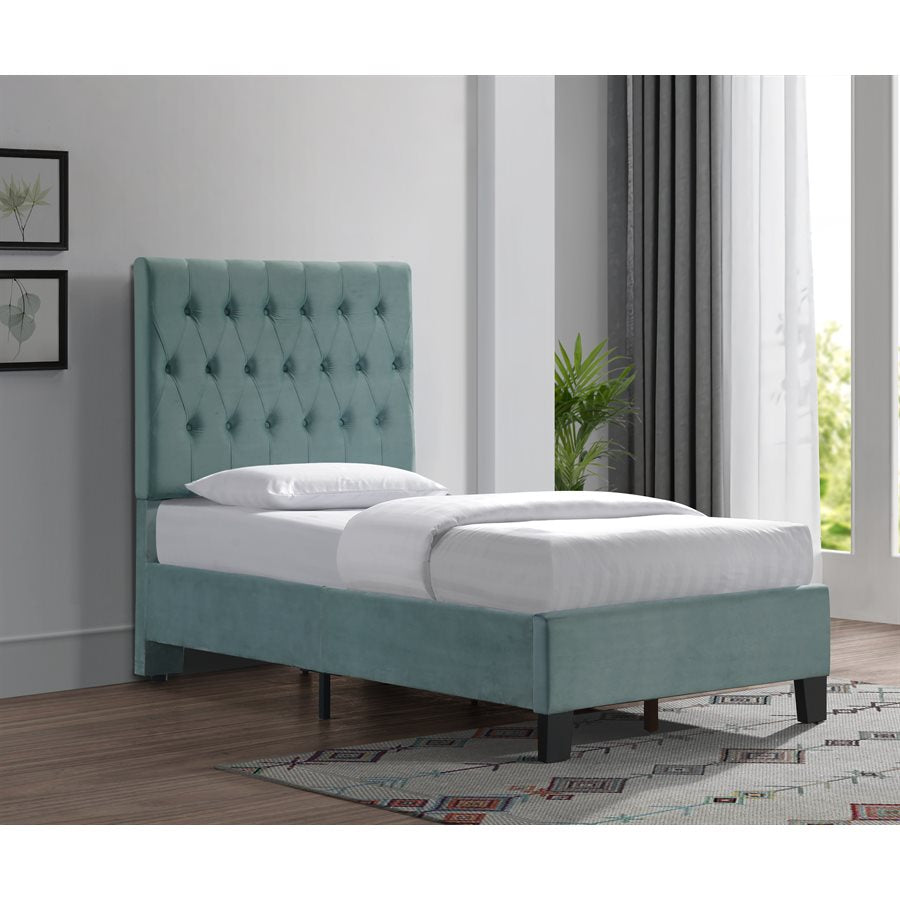 Complete Upholstered Twin Bed; Turquoise; Luxurious; Button Tufts