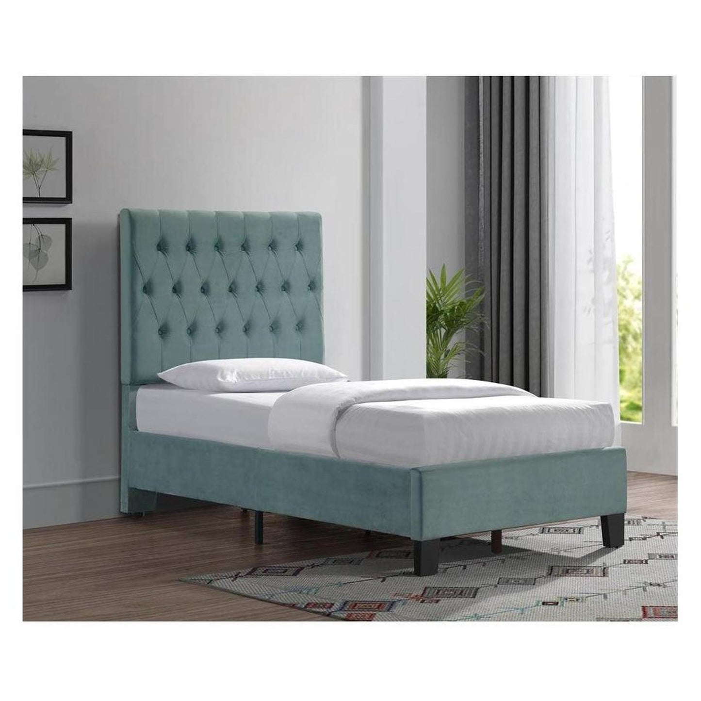 Complete Upholstered Twin Bed; Turquoise; Luxurious; Button Tufts