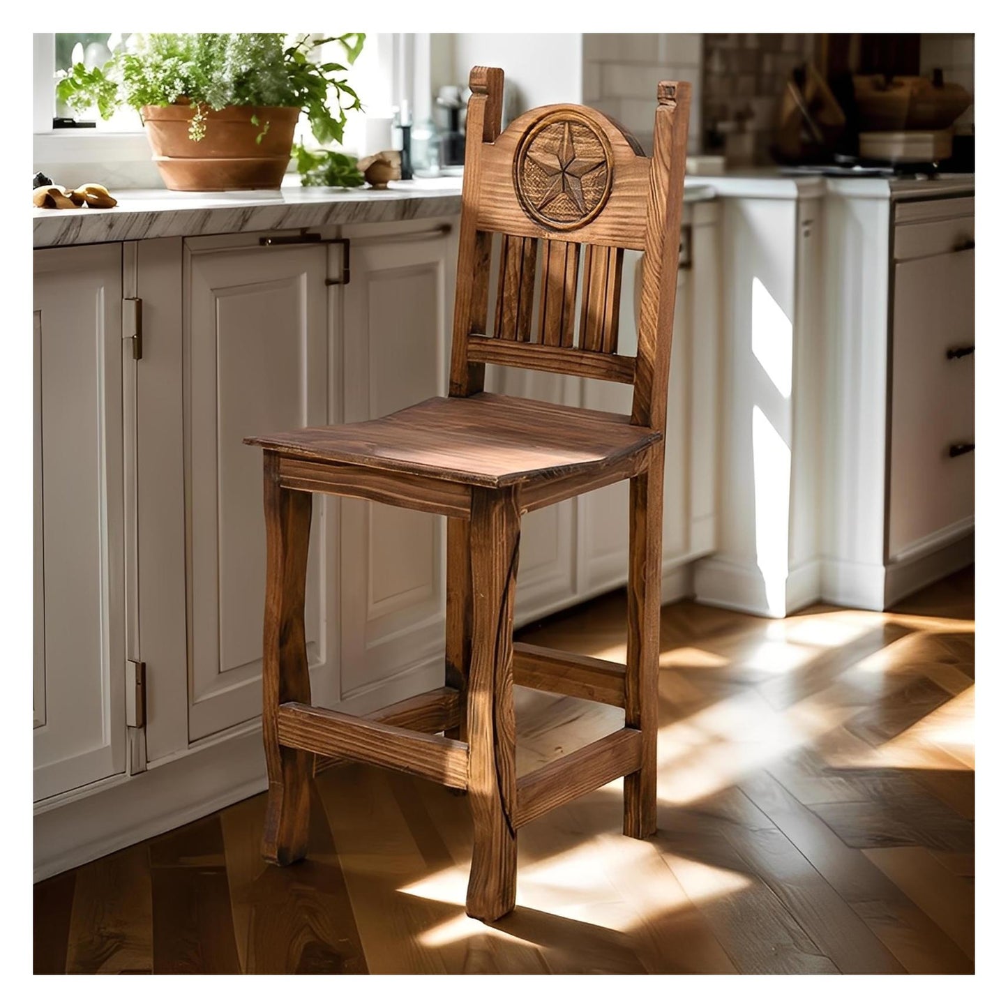Rustic Western Hand-Carved Wooden Barstools with Star Emblems in the Backrest (2 or 3-Pack) - 24 or 30 in - Counter or Bar Height