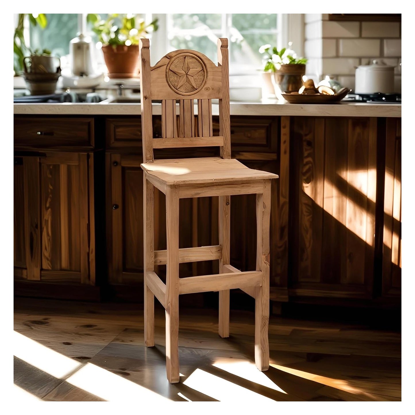 Rustic Light Honey Western Hand-Carved Wooden Barstools with Star Emblems in the Backrest (2 or 3-Pack) - 24 or 30 in - Counter or Bar Height