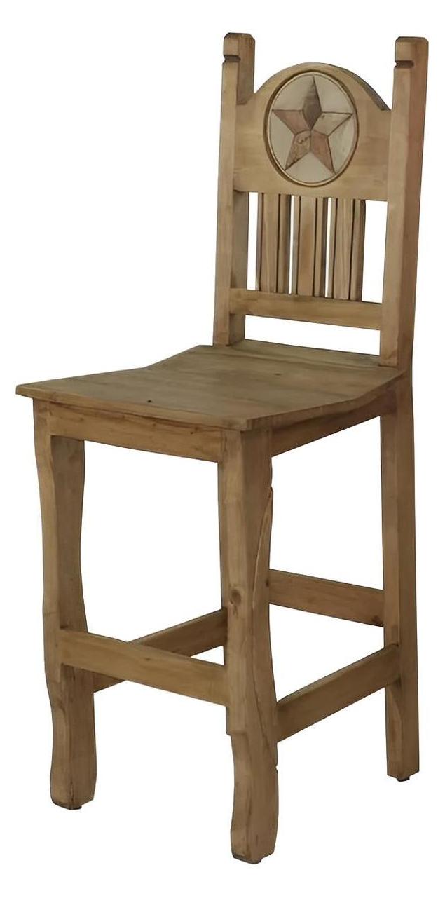 Rustic Western Light Honey Hand-Carved Wooden Barstools with Backrests and Star Emblems Made of Stone (2 or 3-Pack) - 24 or 30 in - Counter or Bar Height