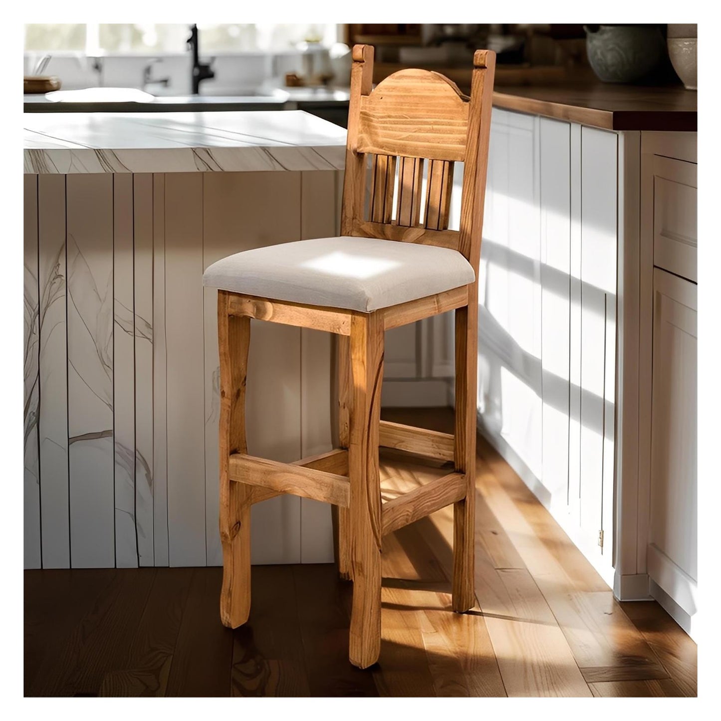 Rustic Light Honey Hand-Carved Wooden Barstools with Backrests and Cushions (2 or 3-Pack) - 24 or 30 in - Counter or Bar Height