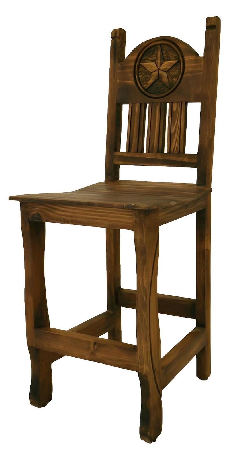 Rustic Western Hand-Carved Wooden Barstools with Star Emblems in the Backrest (2 or 3-Pack) - 24 or 30 in - Counter or Bar Height