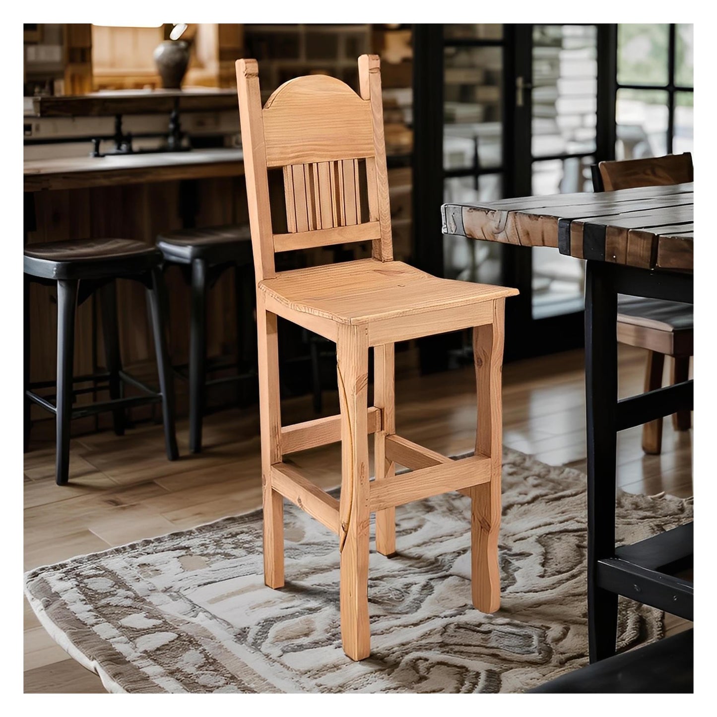 Rustic Light Honey Hand-Carved Wooden Barstools with Backrests (2 or 3-Pack) - 24 or 30 in - Counter or Bar Height