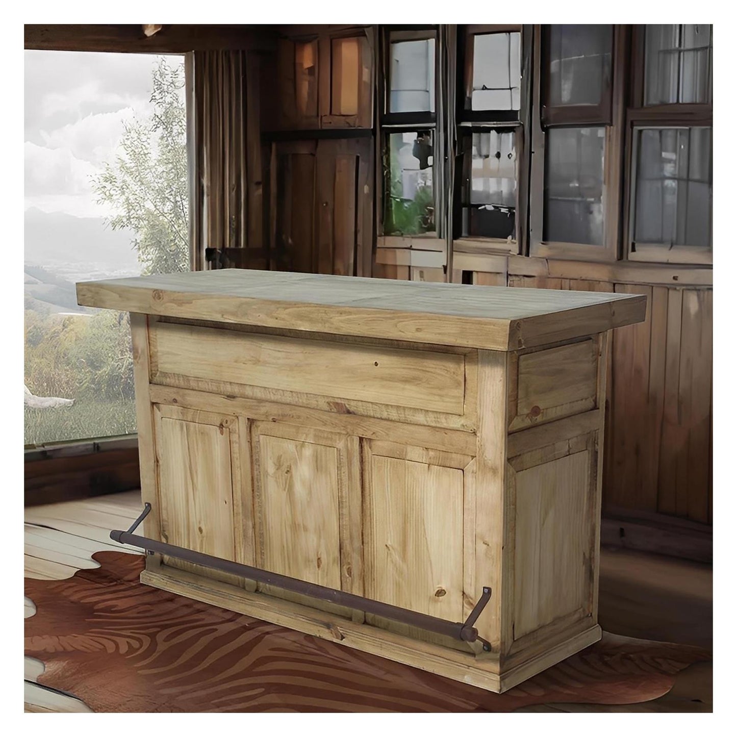 Sonora Rustic Bar – Natural Wooden Finish with Wine Storage & Iron Footrail