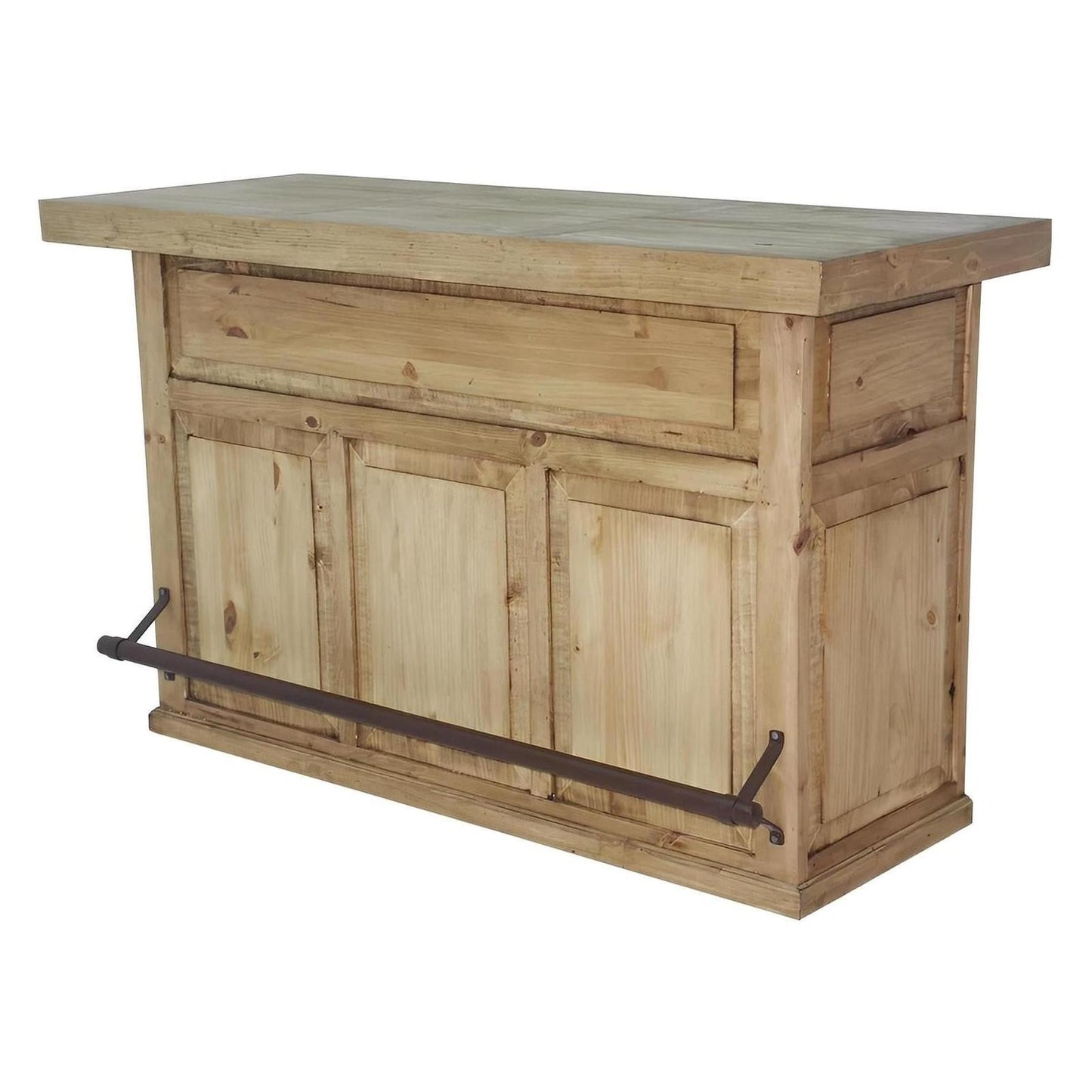 Sonora Rustic Bar – Natural Wooden Finish with Wine Storage & Iron Footrail