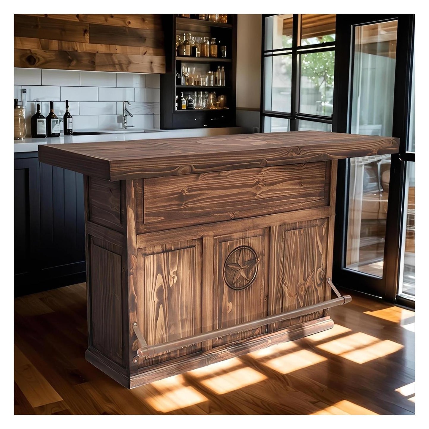 Lone Star Saloon Bar – Dark Finish with Texas Star & Storage Drawers