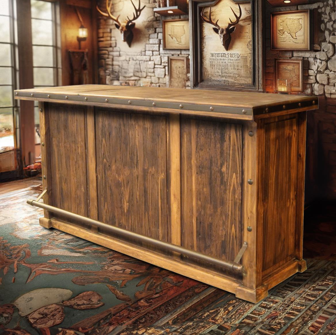 Whiskey River Handmade Wooden Home Bar with Ample Storage and Foot Rail 78x26x41" with Optional L Extension