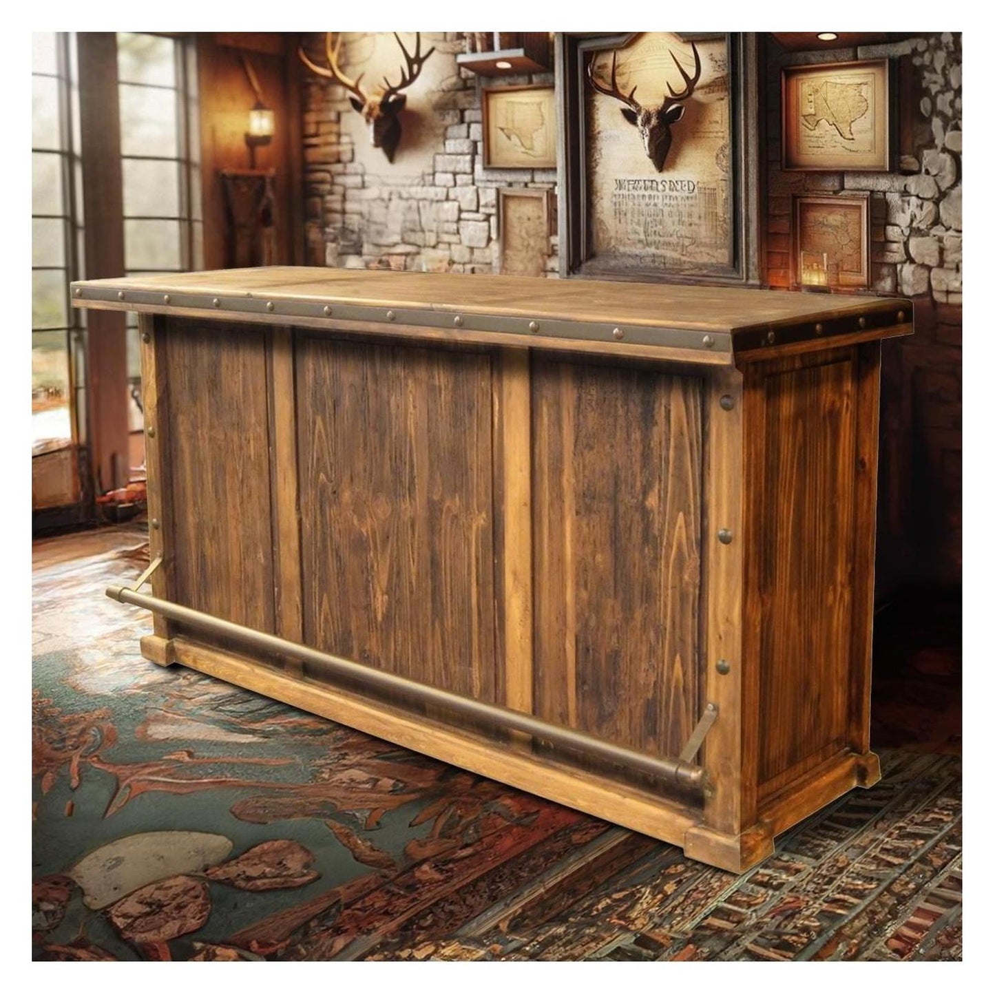 Whiskey River Handmade Wooden Home Bar with Ample Storage and Foot Rail 78x26x41" with Optional L Extension
