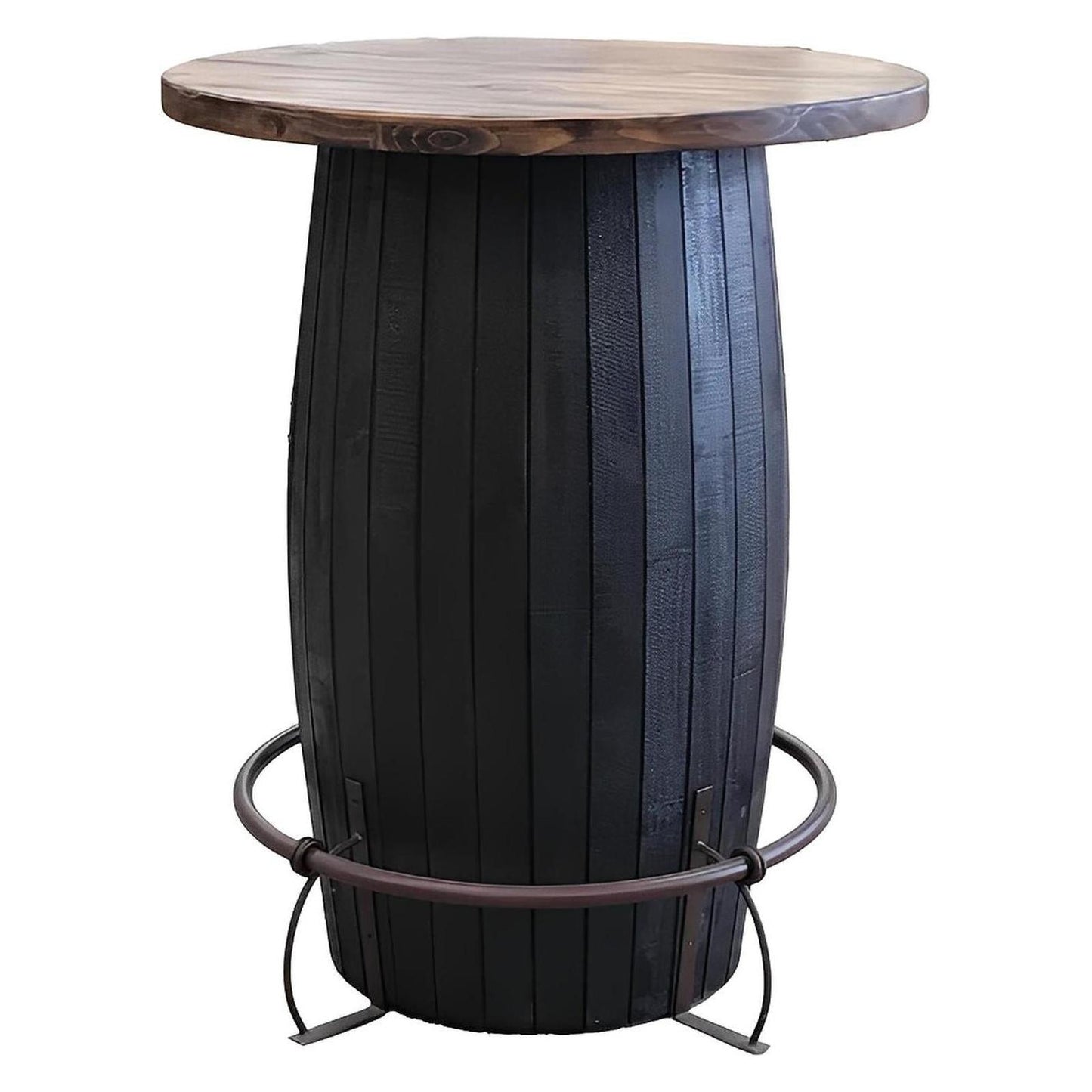 Whiskey Barrel Pub Table – Charred Black Base with Rustic Wood Top