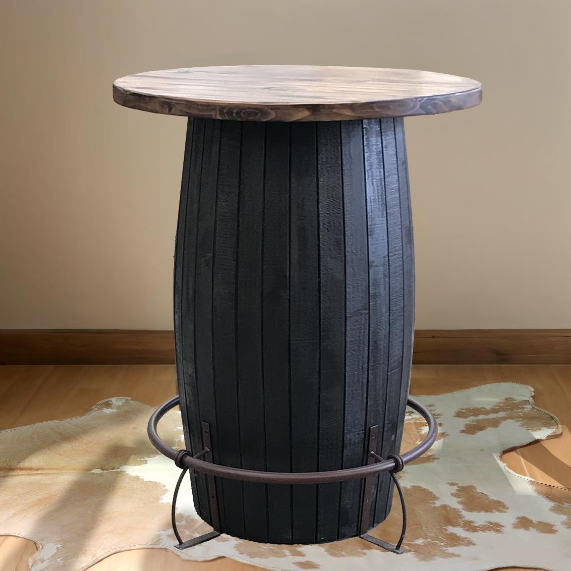 Whiskey Barrel Pub Table – Charred Black Base with Rustic Wood Top