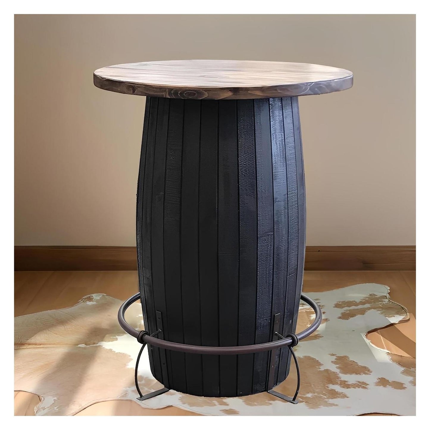 Whiskey Barrel Pub Table – Charred Black Base with Rustic Wood Top