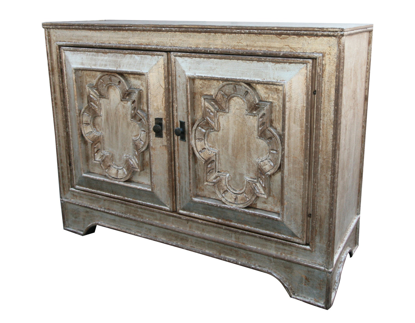 Forcalquier Chest, Weathered Gray Finish, Dual Carved Panel Doors With Intricate Quatrefoil Motifs, Rustic Storage