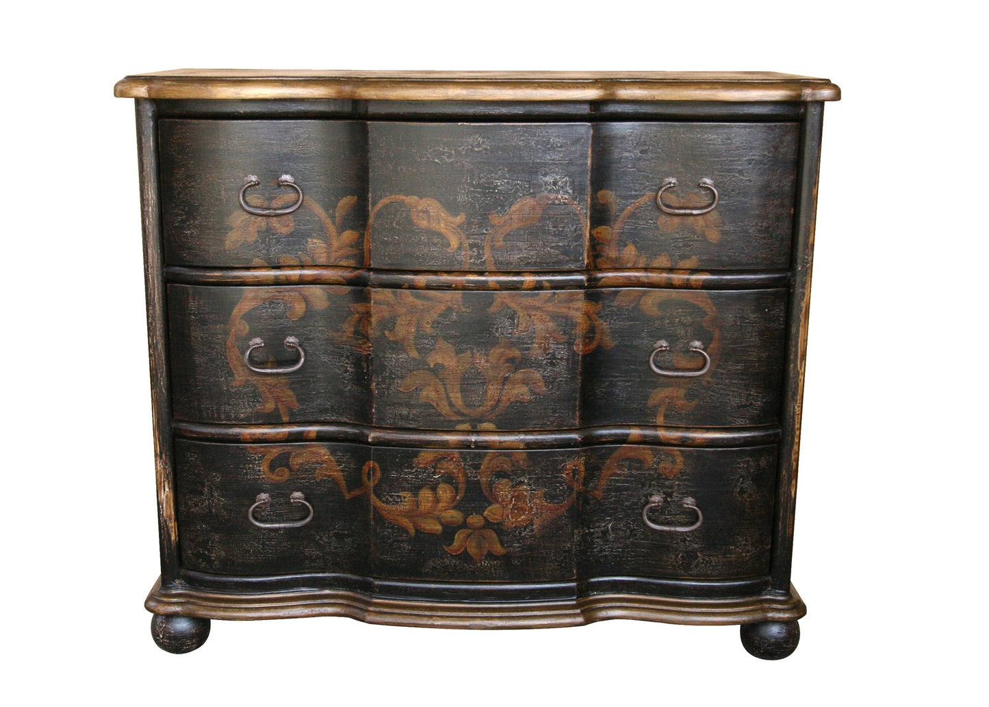 Gréoux-les-Bains Dresser, Black With Antique Gold Floral Damask Finish, Hand-Painted Damask Detailing