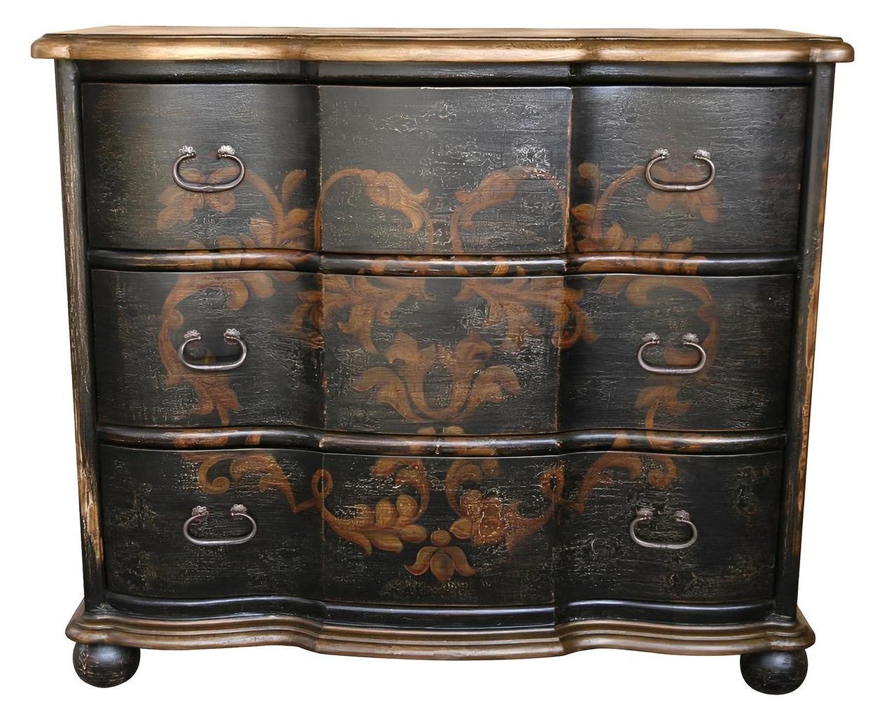 Gréoux-les-Bains Dresser, Black With Antique Gold Floral Damask Finish, Hand-Painted Damask Detailing