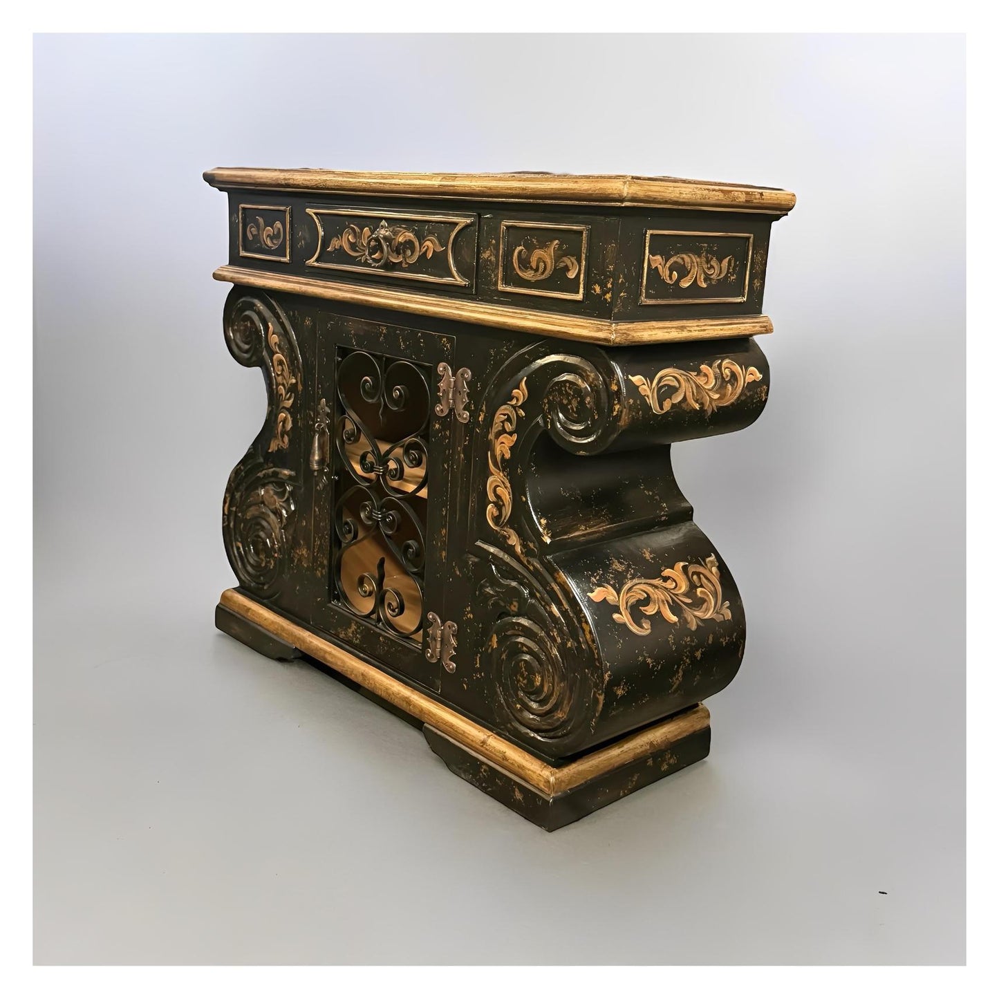 Honfleur Chest, Antique Black, Distressed Finish With Ornate Wrought-Iron Scrollwork And Glass Panel