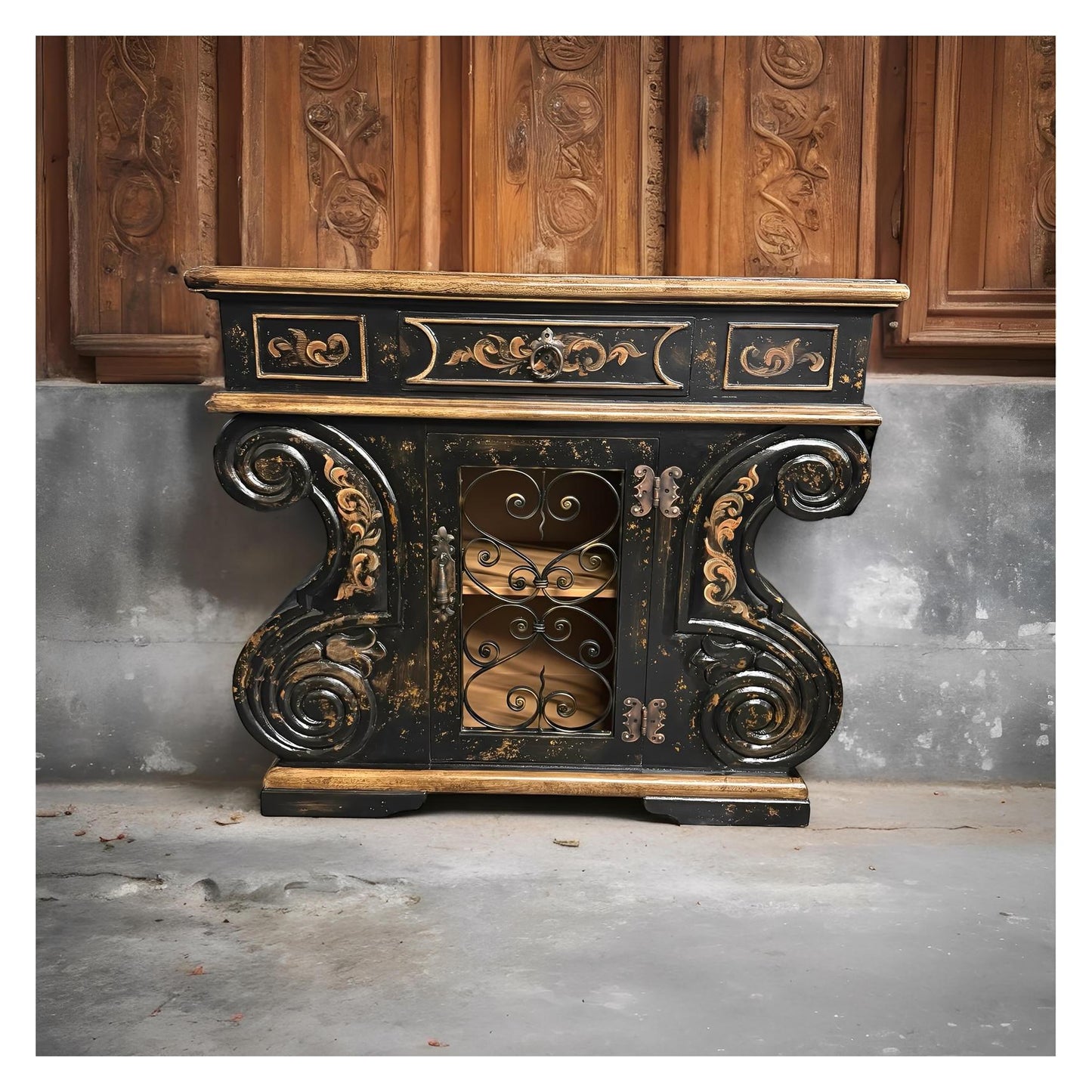 Honfleur Chest, Antique Black, Distressed Finish With Ornate Wrought-Iron Scrollwork And Glass Panel