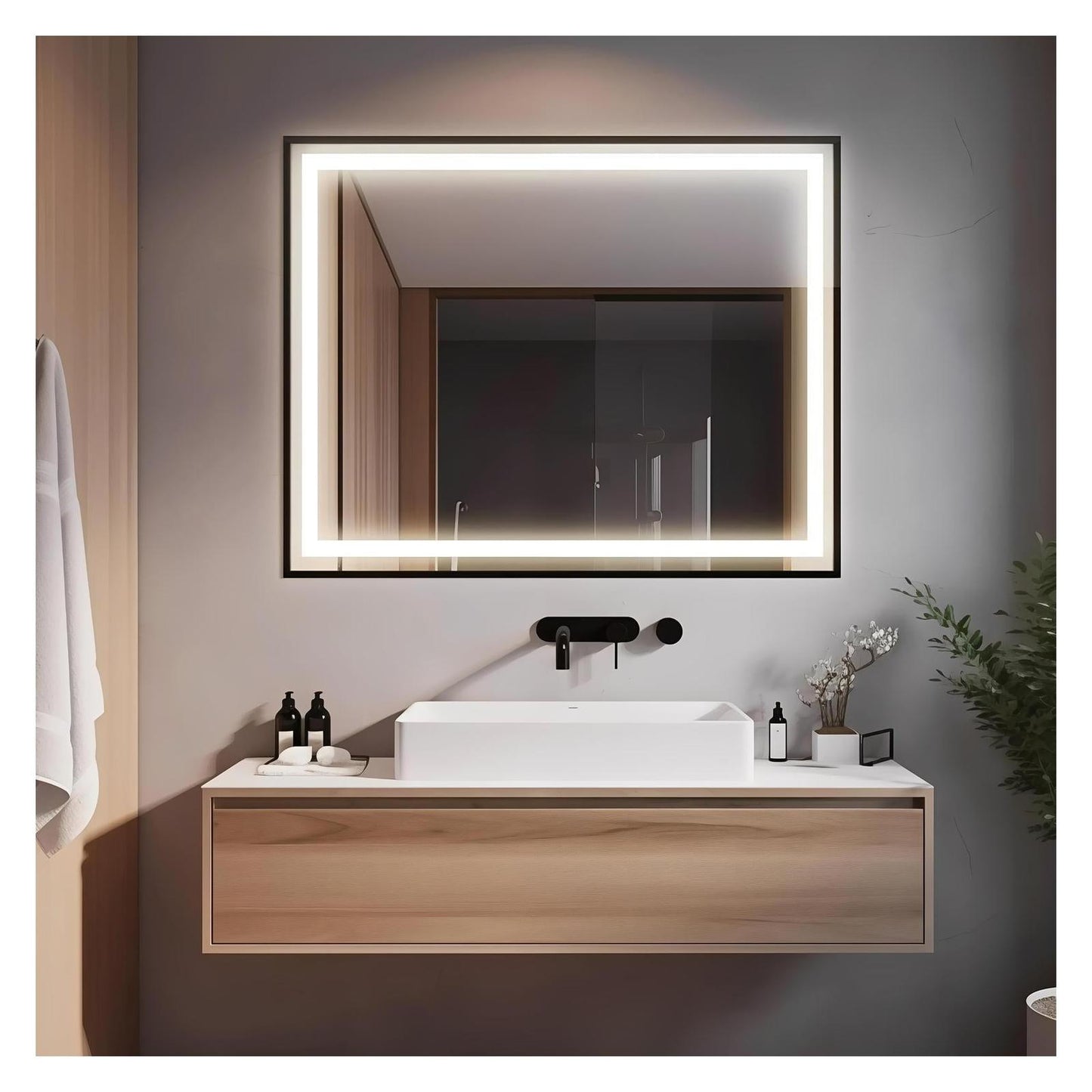 Black Aluminum Framed LED Bathroom Mirror (30-50 in) - Adjustable Brightness and Color Temperature - Anti-Fog