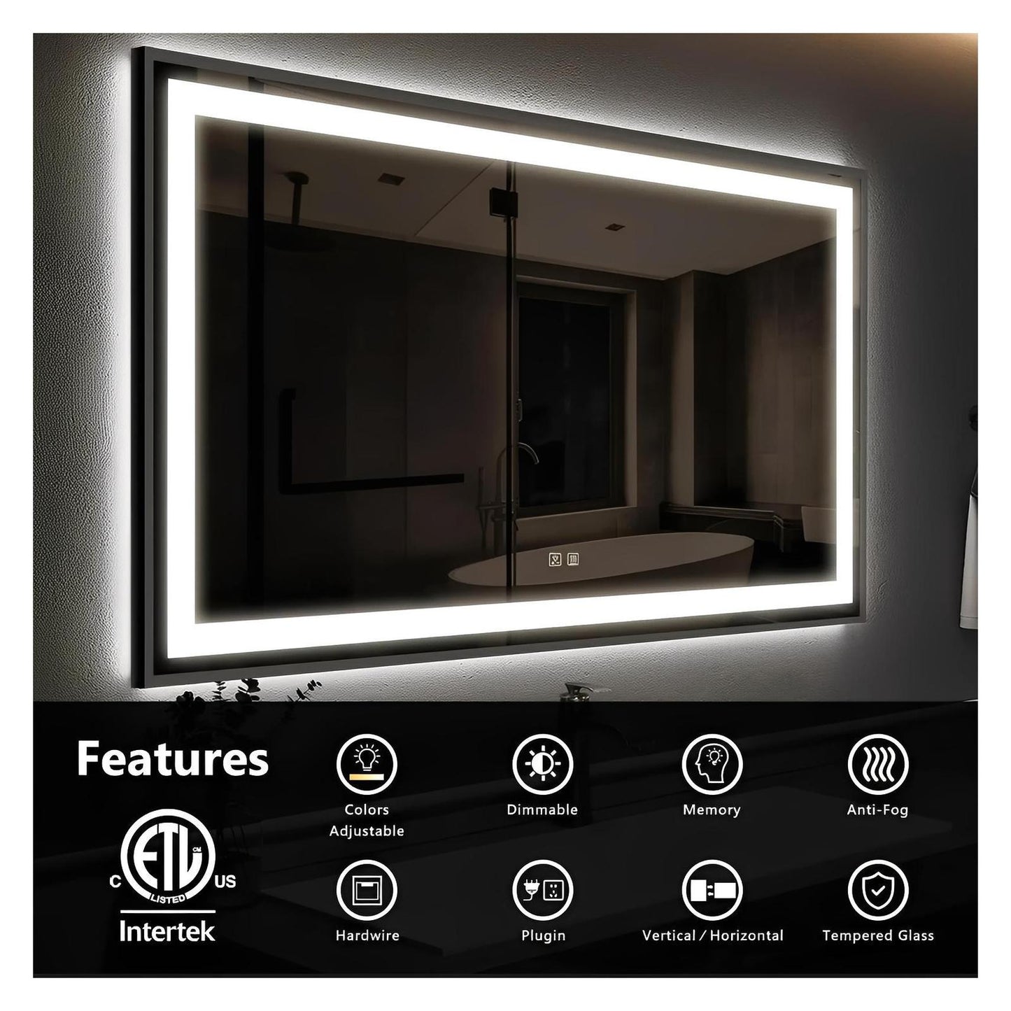 Black Aluminum Framed LED Bathroom Mirror (30-50 in) - Adjustable Brightness and Color Temperature - Anti-Fog