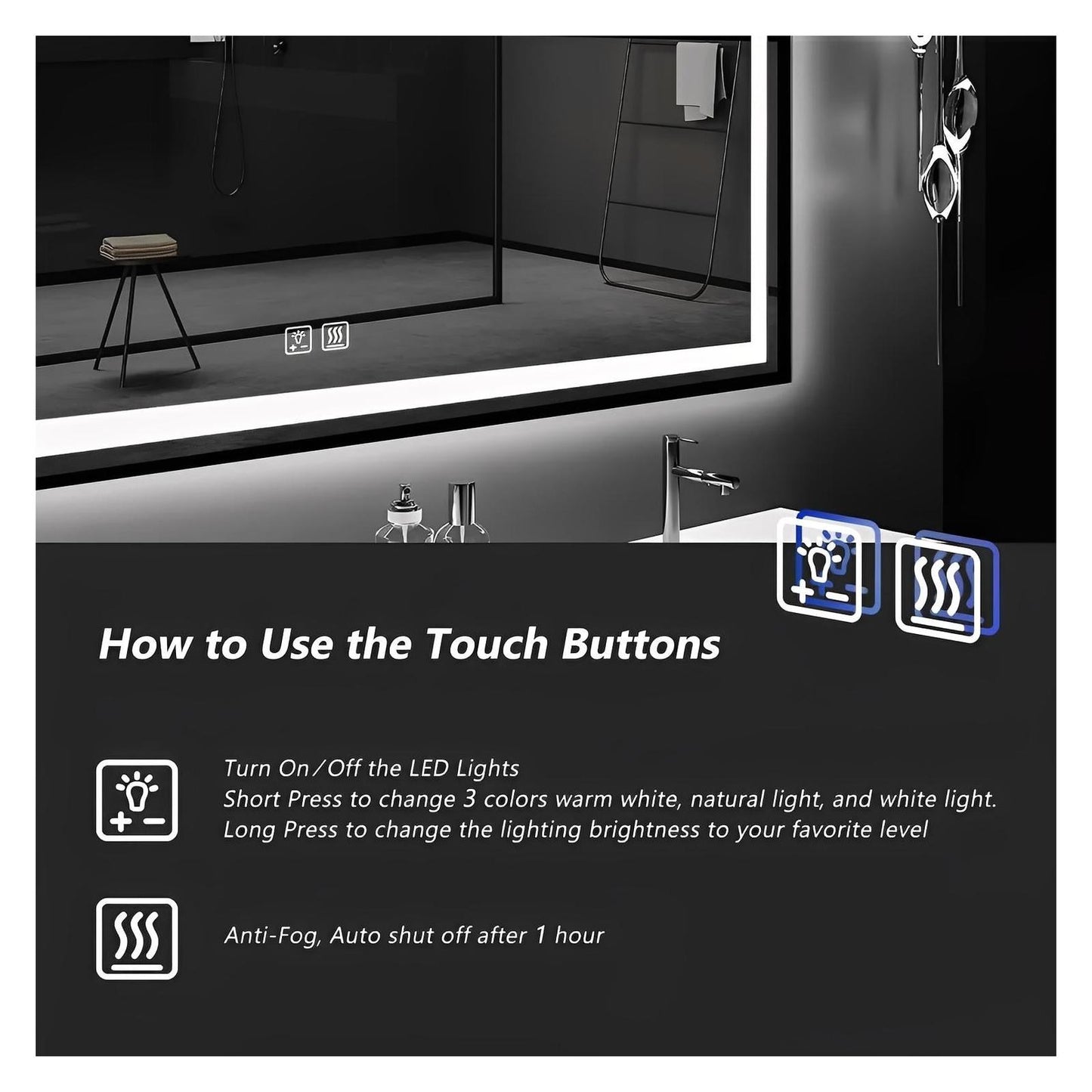 Black Aluminum Framed LED Bathroom Mirror (30-50 in) - Adjustable Brightness and Color Temperature - Anti-Fog