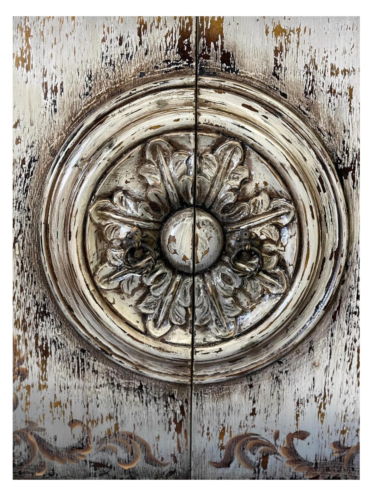 Bréhat Chest, Distressed White Finish, Carved Rosette Center With Ornate Scrolls And Weathered Patina