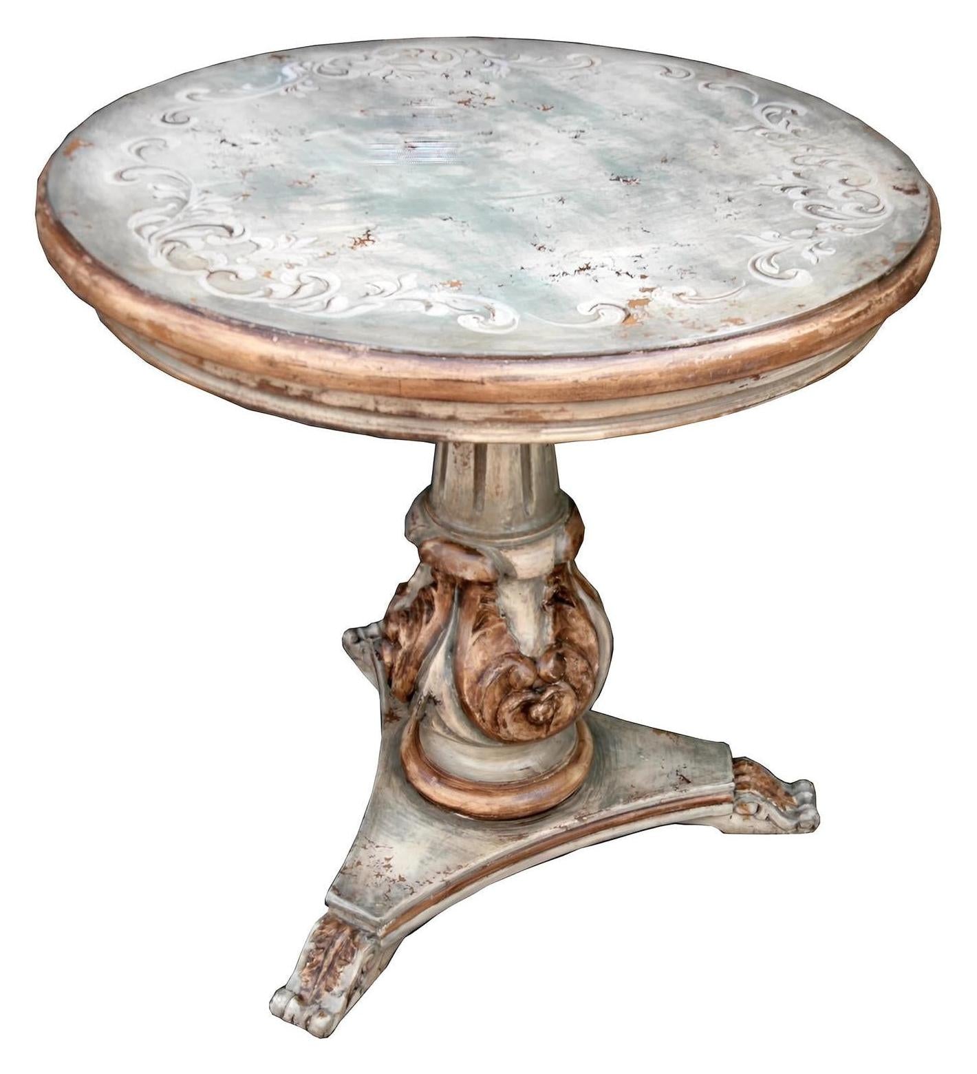 Saint-Florent-le-Vieil Round Counter Height Table, Distressed Blue Gray, Ornate Carved Pedestal Base