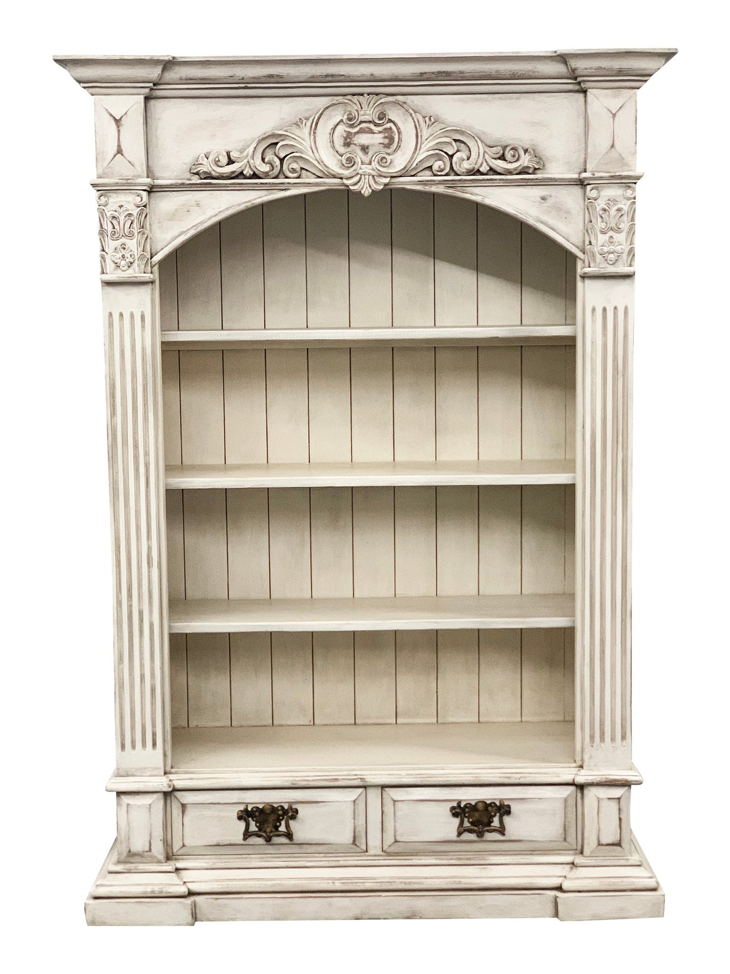 Concarneau Bookcase, Antique White, Arched Top With Ornate Floral Carving And Fluted Columns
