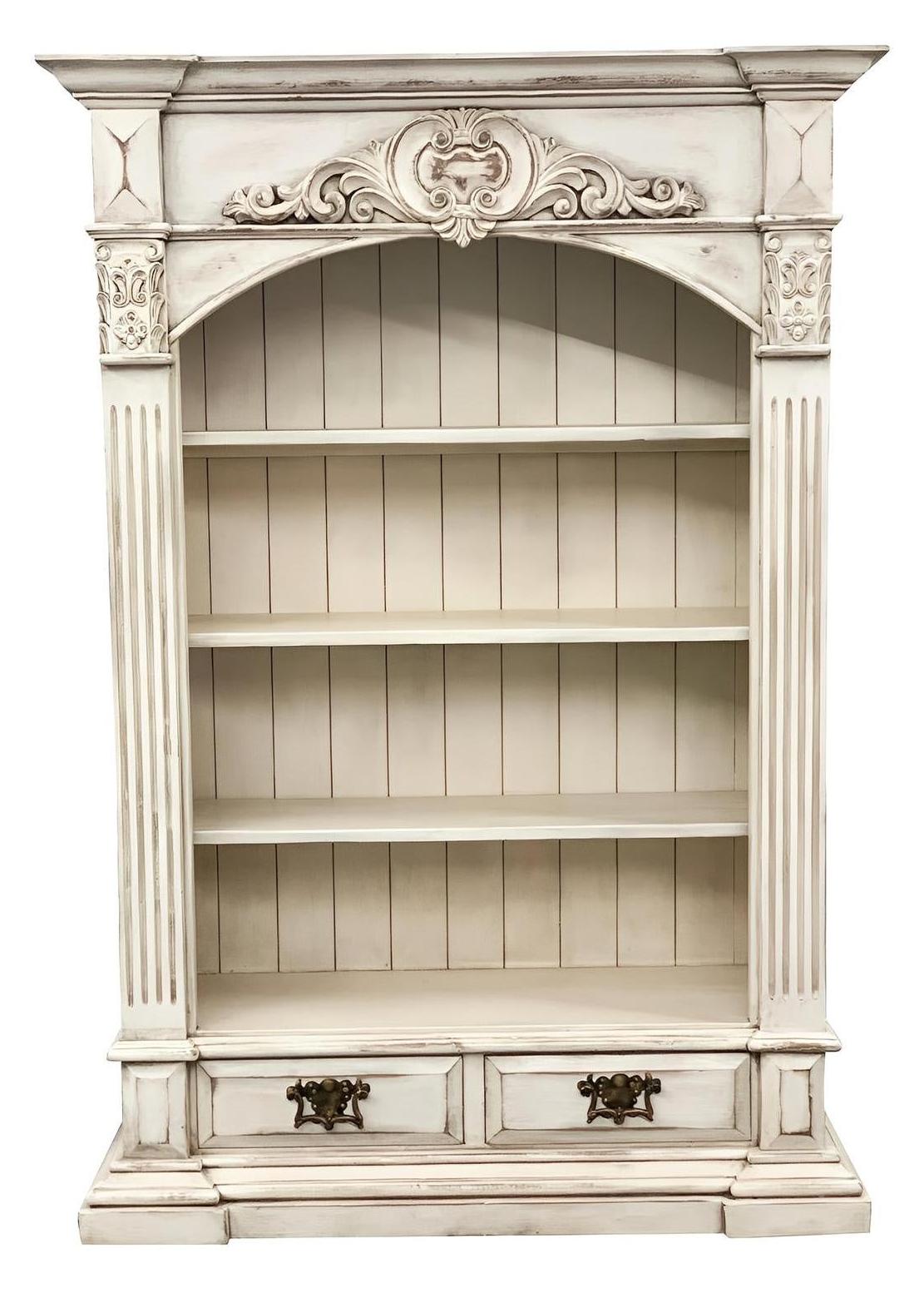 Concarneau Bookcase, Antique White, Arched Top With Ornate Floral Carving And Fluted Columns