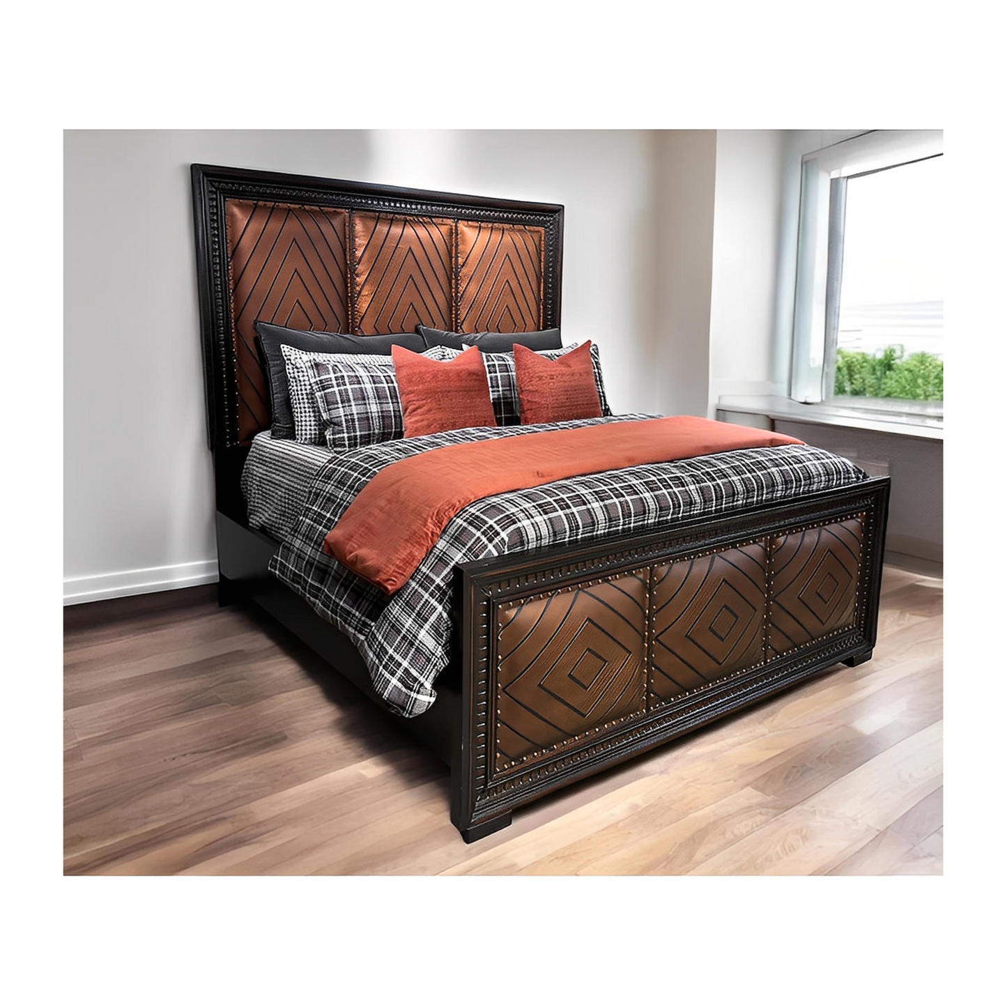 ANDES BEDROOM SET, 79.5" Tall - Upholstered Leather, Dark Brown Wood Frame - Includes Delivery and Assembly