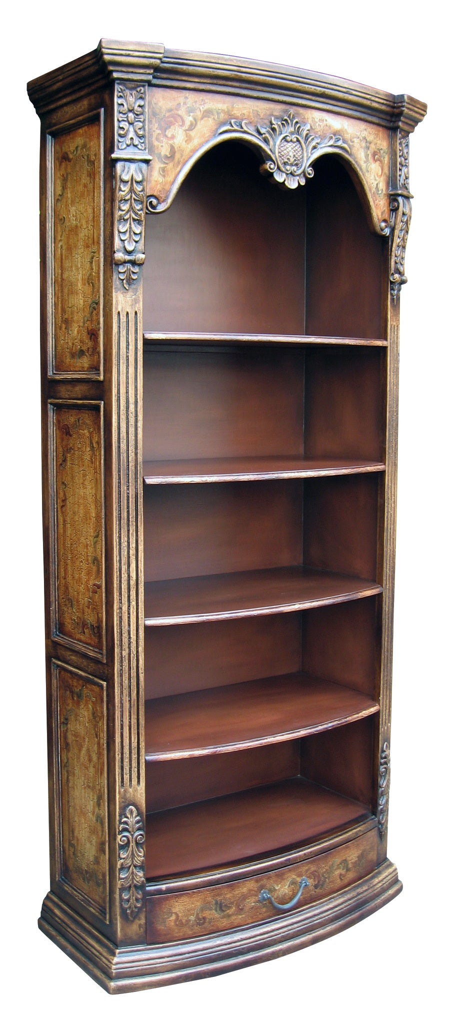 Chauvigny Bookcase, Antique Brown, Arched Top With Ornate Floral Carvings And Curved Shelves