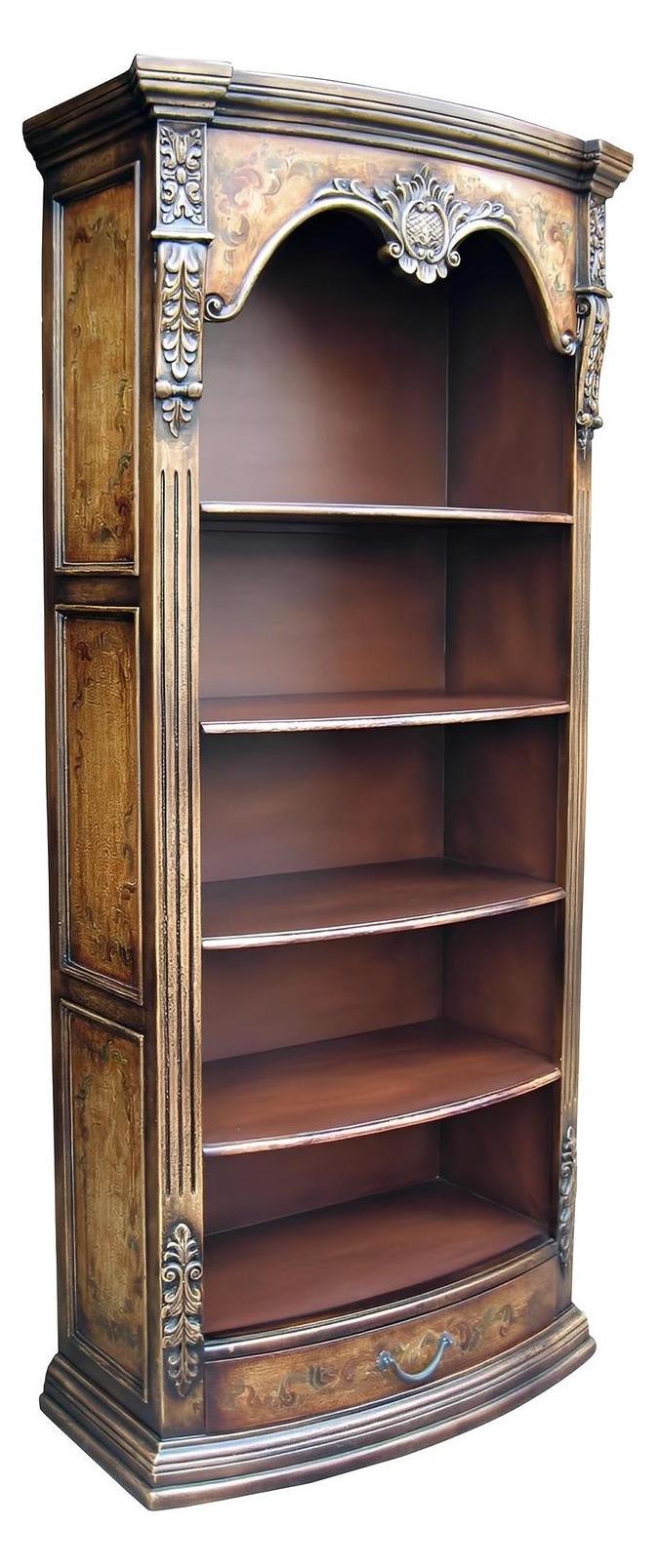 Chauvigny Bookcase, Antique Brown, Arched Top With Ornate Floral Carvings And Curved Shelves
