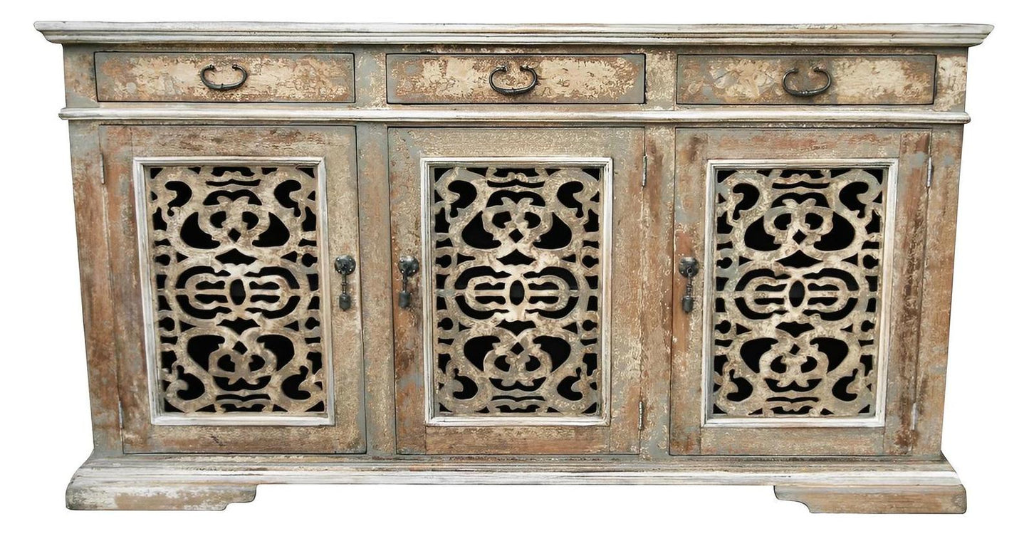 Beauvois Distressed Buffet Table In Weathered Gray Finish, 18 x 84 x 44, Handcrafted