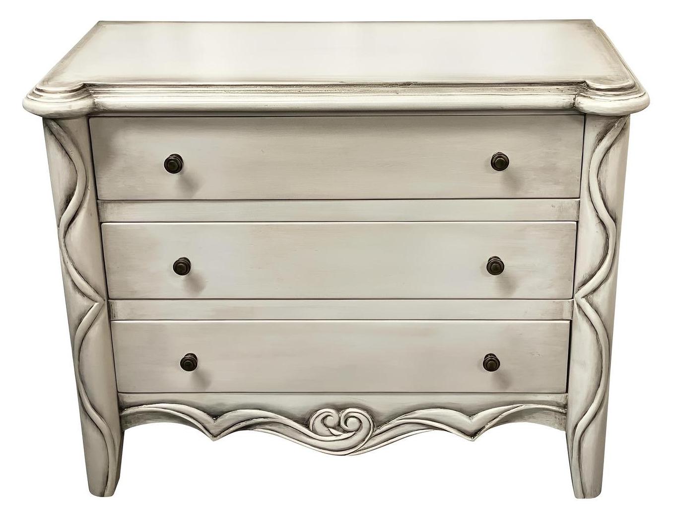 Grace Nightstands (2-Pack) Antique Silver Finish, Four-Drawer, Carved Scroll Sides